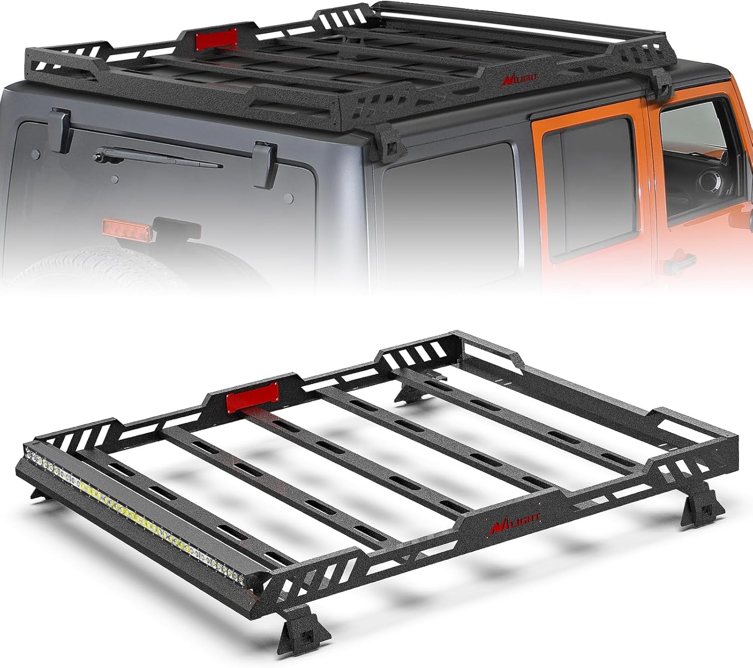 Nilight Roof Rack Cargo Basket with LED Light Bar Compatible with 2007-2025 Wrangler JK JL Unlimited & Gladiator JT 4 Door Hardtop, JKU JLU Luggage Rooftop Storage Carrier JK/JL/JT Roof Rack