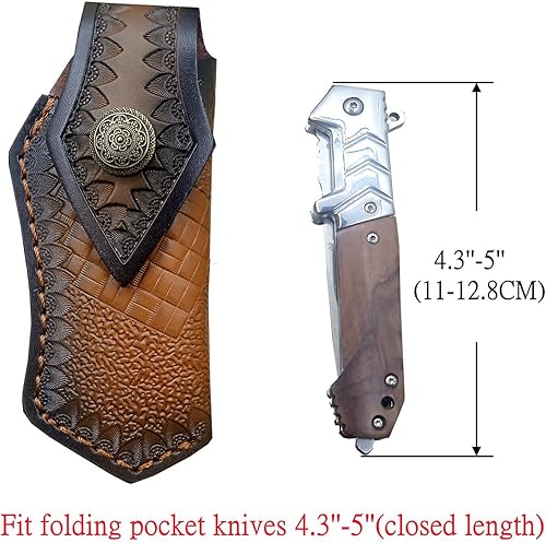 Miniatura 2 de Funda plegable de cuero para cuchillos de 4.3 a 5 pulgadas, soporte de cuero a presión, trabilla de cuero para cinturón, fundas de cuero para