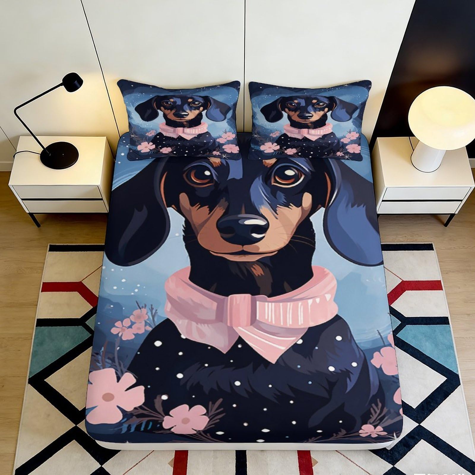 Jqzkxnhpbr Style-5 3D Printed Dachshund Dog Fitted Sheet Microfiber Soft Breathable Floral Bed Cover For Bedroom Dorm Mattress Protection Decor 90X200x25cm