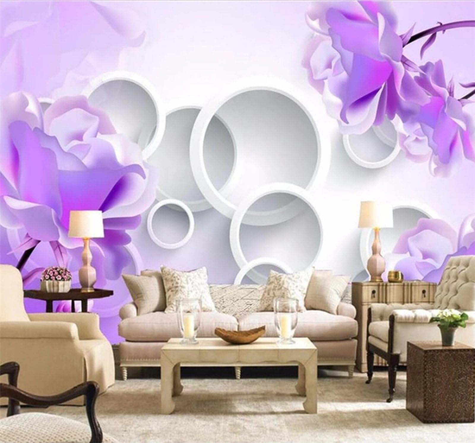 Beautiful Purple Flowers Geometric Circles 3D Wallpaper Easy Install Feature Office Living Room Sofa Bedroom TV Background Wall Decoration-430cm×300cm