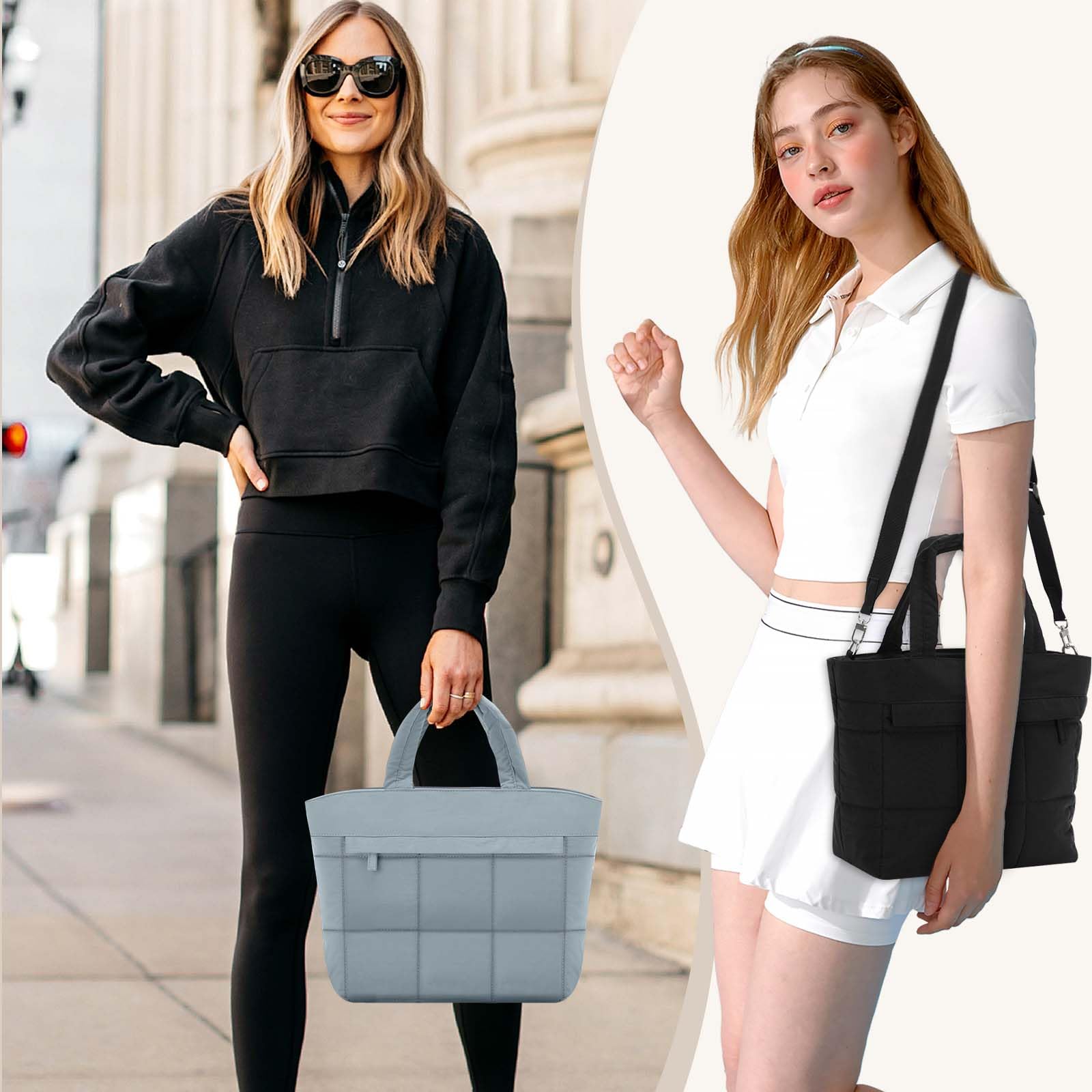 VASCHY Petit Cabas Femme, Léger Multi-poches Sac Bandoulière Femme Matelassé 12,9 Pouces Sac Fourre Tout Sac a Main Tote Bag Fille avec Bandoulière Amovible pour Travail Sport Voyage