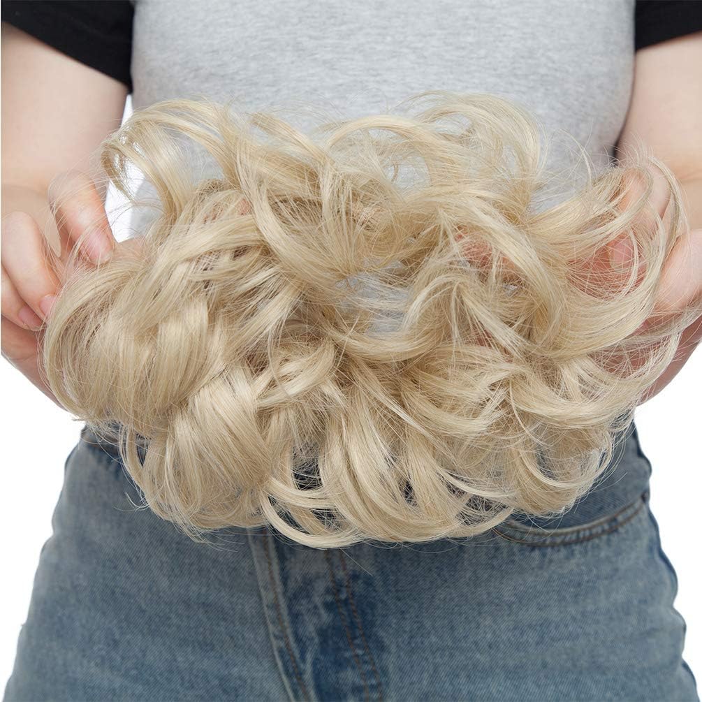 Hair Bun Extensions Messy Curly Wavy Hair Scrunchies Hairpieces Synthetic Donut Updo Hair Pieces Ponytail Extensions Light Bleach Blonde Highlight - Image 4