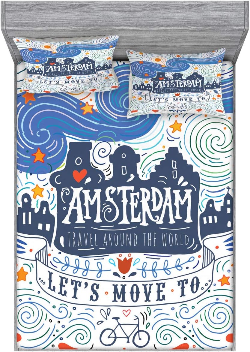 Ambesonne Amsterdam Fitted Sheet & Pillow Sham Set, Hand-Drawn Style Illustration with Canal Houses Swirls Stars and a Travel Words, Decorative Printed 3 Piece Bedding Decor Set, Full, Multicolor