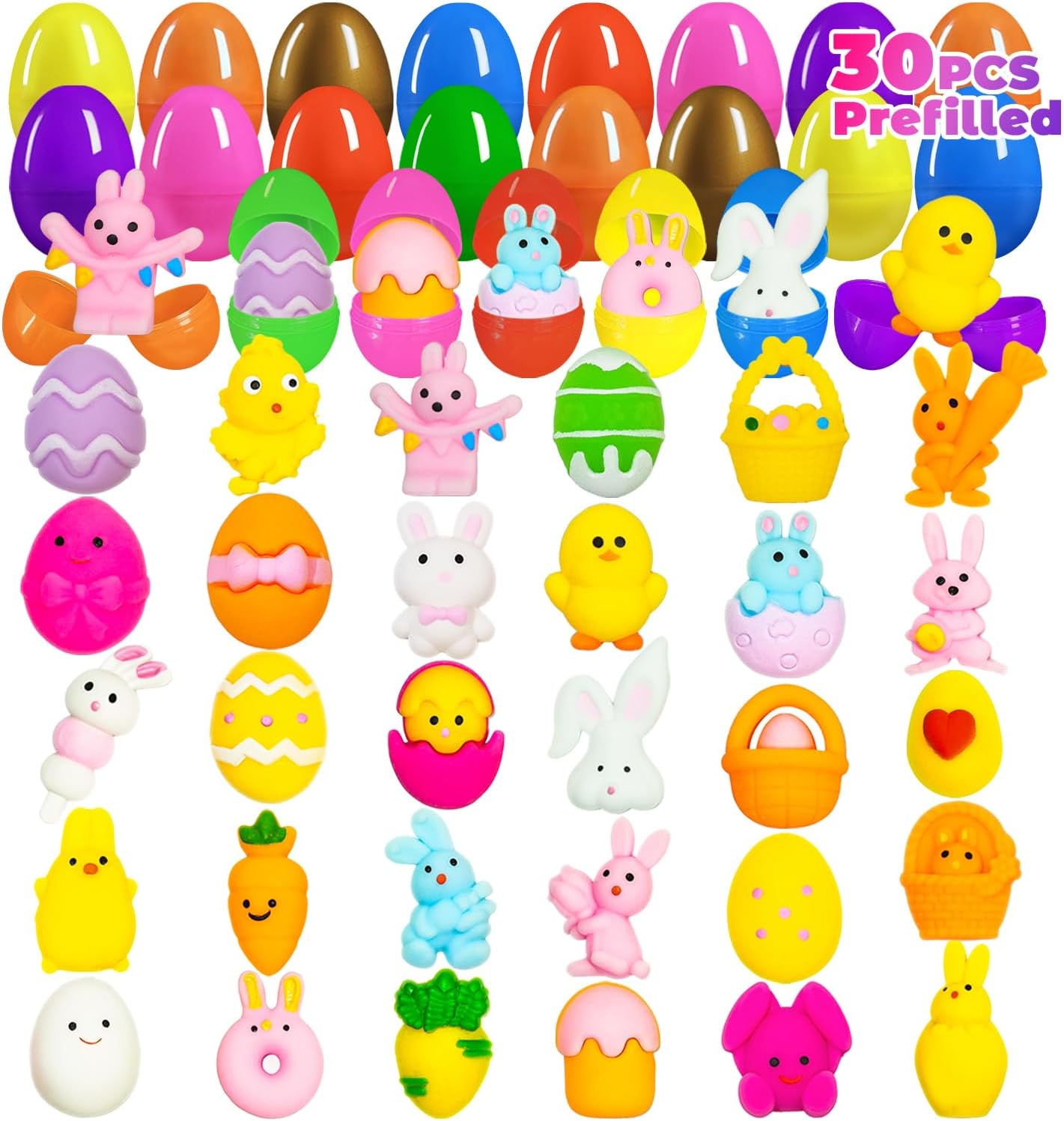 30PCS Prefilled Easter Eggs with Mochi Squishy Toys, Easter Squishies Stuffed Plastic Eggs for Easter Basket Suffers, Egg Fillers, Kids, Toddlers, Teens, Gifts, Classroom Prizes, Egg Hunt Game