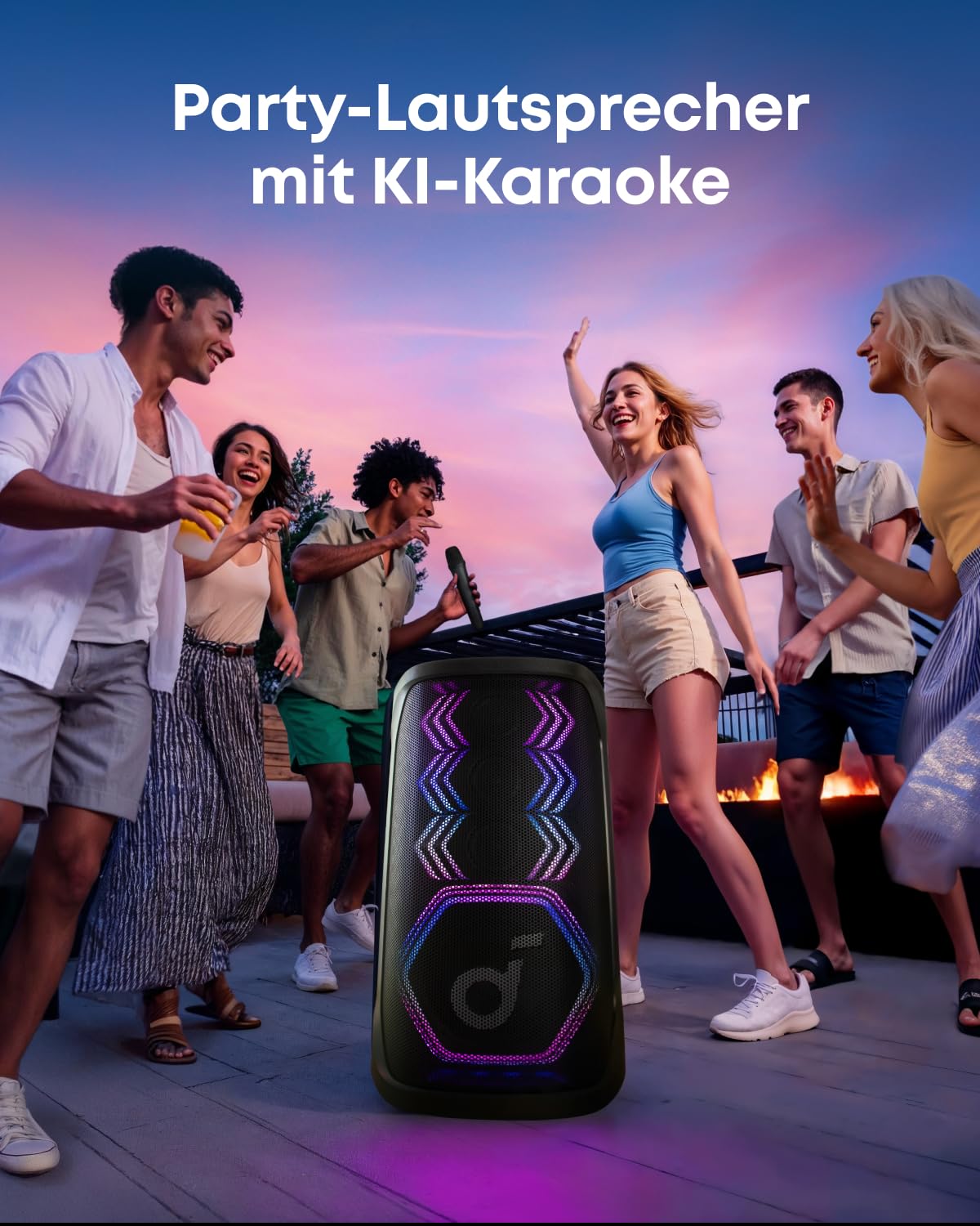 soundcore by Anker Rave 3S Partybox mit KI-Karaoke, 200W Sound, 12h Akku | Party-Lautsprecher mit 2 kabellosen Mikros, KI-Gesangsentfernung, Lichtshow, Auracast, Bluetooth Lautsprecher für innen&außen