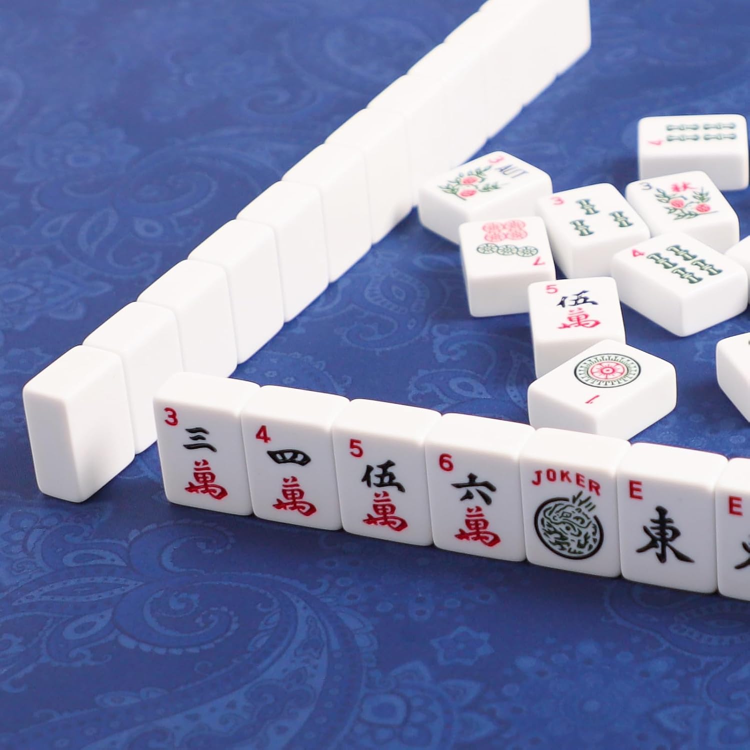Mahjong Mat, Mahjong Table Mat with Prints & Extra Dice, for Poker, Card, Mahjong, Dominoes Games (Blue, 31.5 inches)