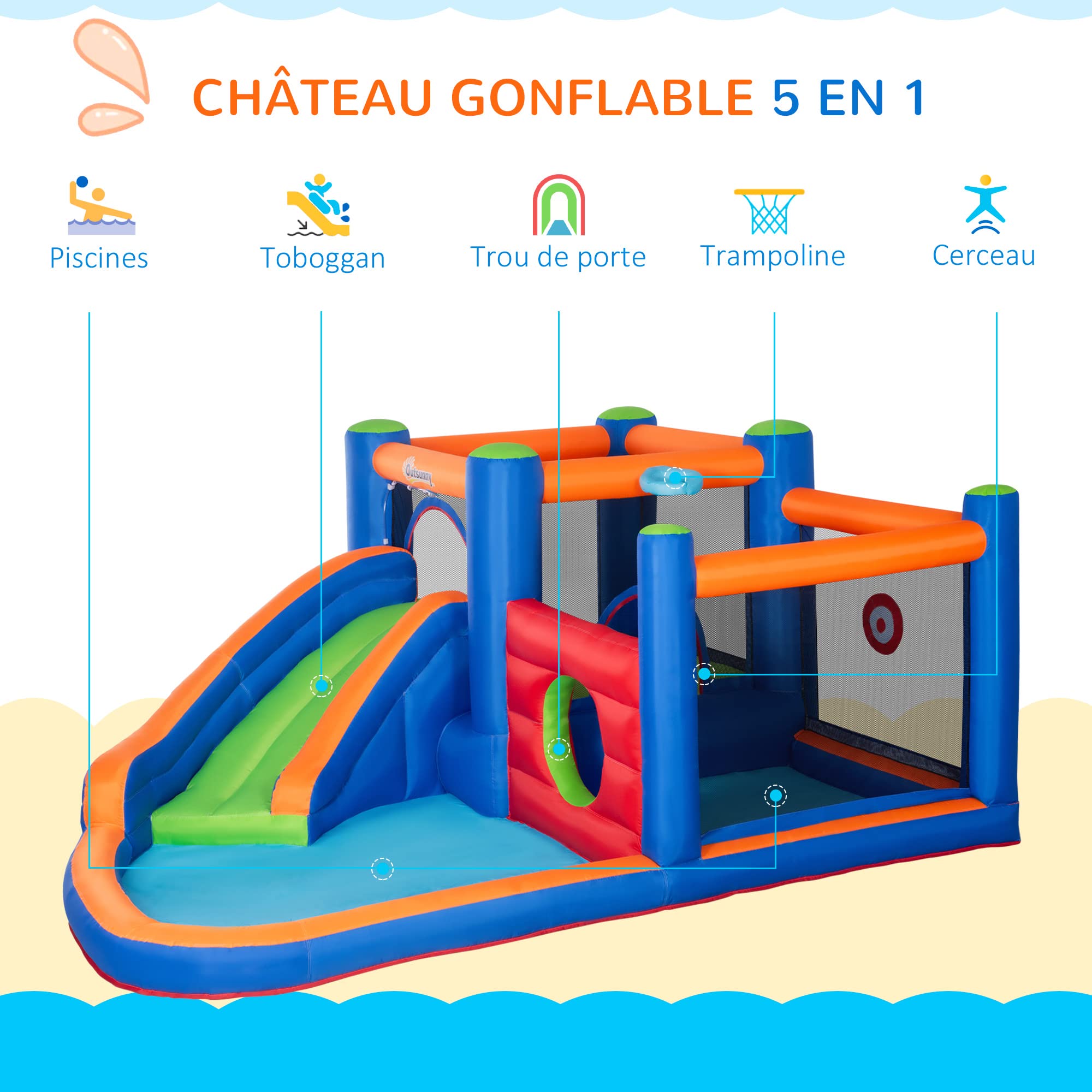 Outsunny Château Gonflable Aire de Jeux jusqu'à 3 Enfants 3-8 Ans avec Toboggan Trampoline piscines souffleur 450W et Sac de Transport Aquatique 380L x 340l x 170H cm - Multicolore
