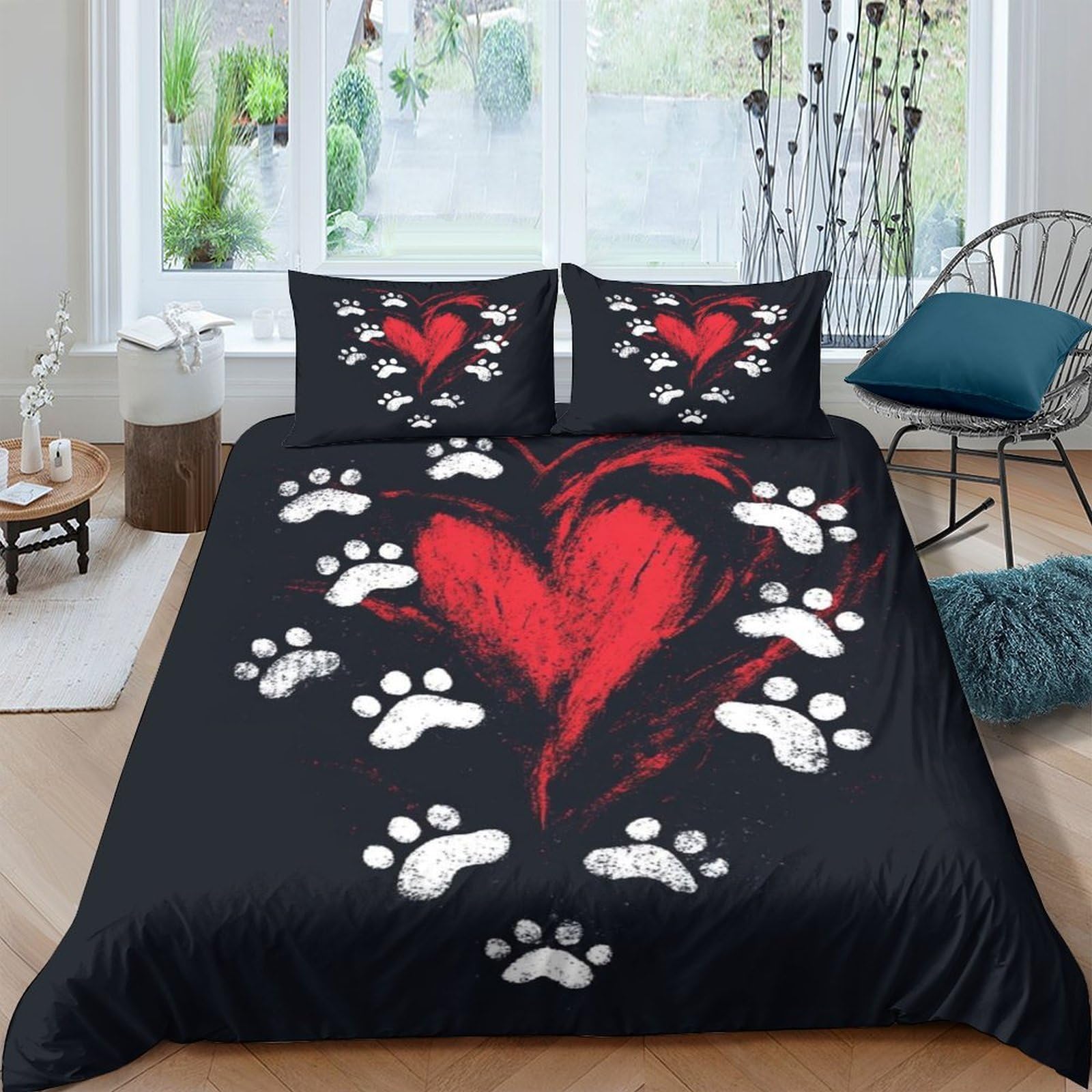 GPLZQXKJNH 3D Printed Red Heart Paw Duvet Cover Microfiber Soft Bedding Set with 2 Pillowcases for Bedroom Decor Single（135x200cm）