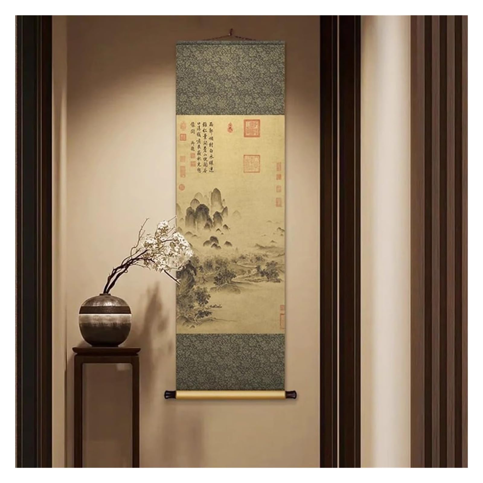 Obraz z jesiennym krajobrazem w stylu vintage, chiński jedwabny obraz ścienny do salonu, orientalny wiszący plakat Feng Shui(Retro,50L x 158W cm)