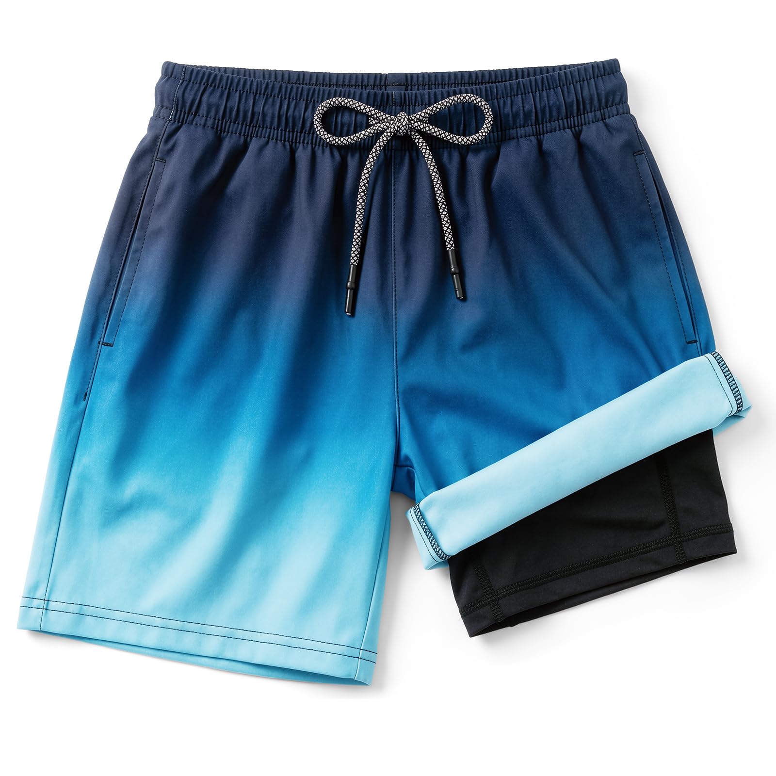 OSDUE Badehose Jungen, Badeshorts Kinder mit Taschen Schnelltrocknend Kurz Schwimmhose 2 in 1 Boardshorts mit Kompression Innenhose Elastischer Bund Verstellbare Tunnelzug Badehosen für 7-14 Jahre