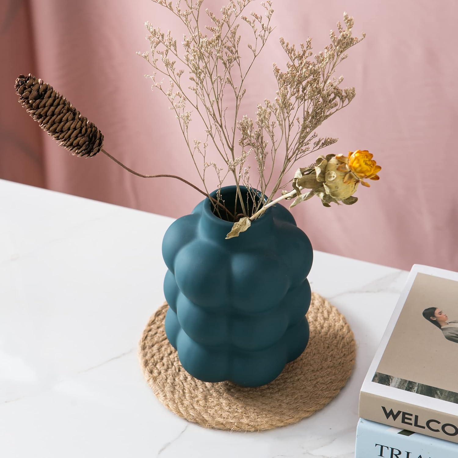 Ceramic Vase, Modern Dried Flower Vase, Blue Teal Vase with Raised Dots, Boho Home Decor for Centerpiece Wedding Dinner Table Party Living Room Office Bedroom, Housewarming Gift image 8 of 9 B09HPZMHPG