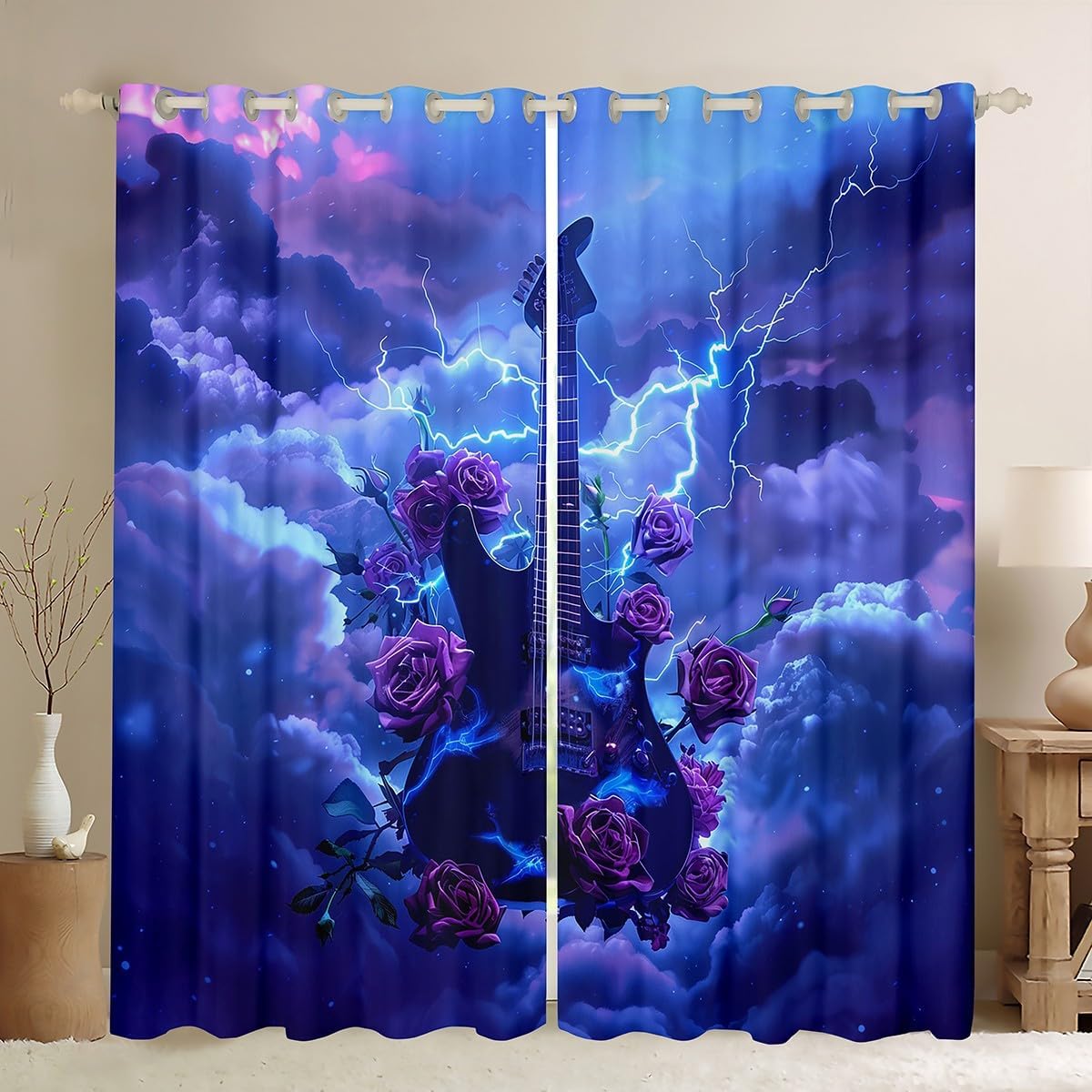 Castle Fairy Musical Guitar Window Curtains Natural Lightning Clouds Darkening Blackout Curtains Romantic Rose Flower Window Treatments Rock Roll Music Grommet Top 2 Panel Set Drapes,38Wx45L