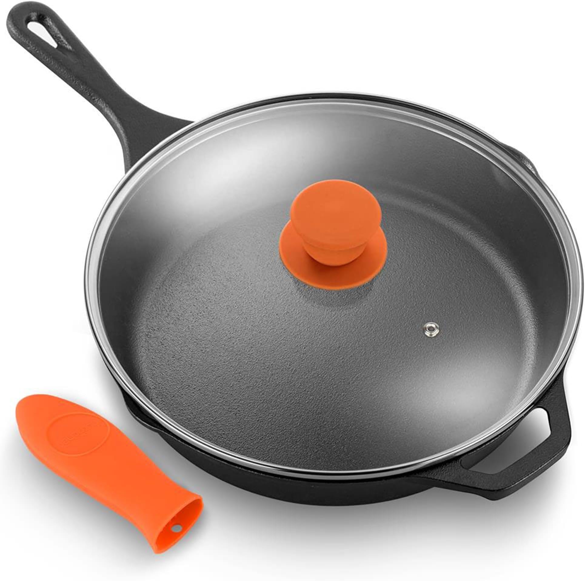 NutriChef 10" Pre-Seasoned Cast Iron PFOA-Free Oven Safe Kitchen Nonstick Cookware Frying Pan Skillet w/Glass Lid, Drip Spout, Silicone Handle-Gas/Electric/Ceramic/Induction Cooktop NCCI10