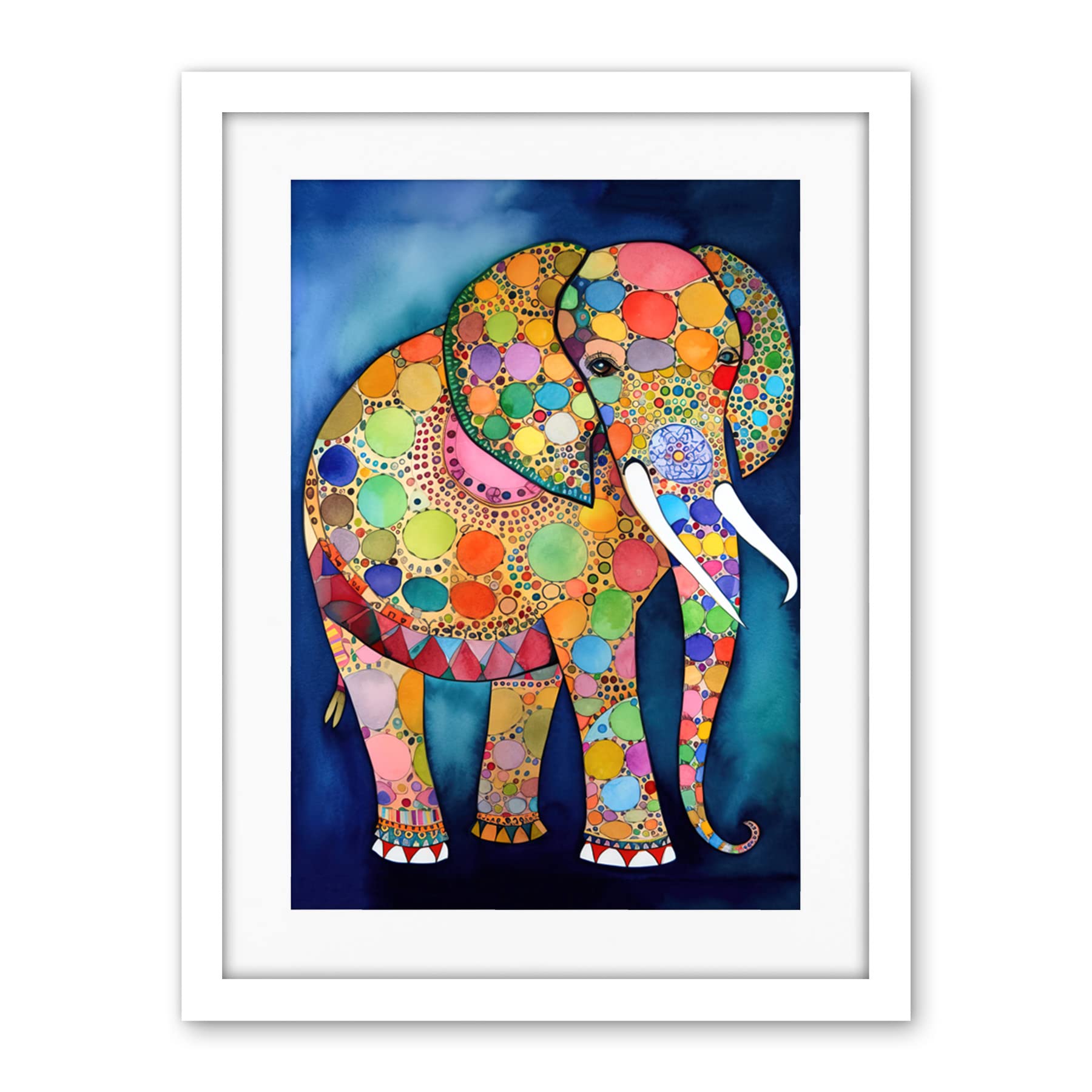 Artery8 Elephant With Patterns Folk Art Watercolour Painting Artwork Framed Wall Art Print 18X24 Inch