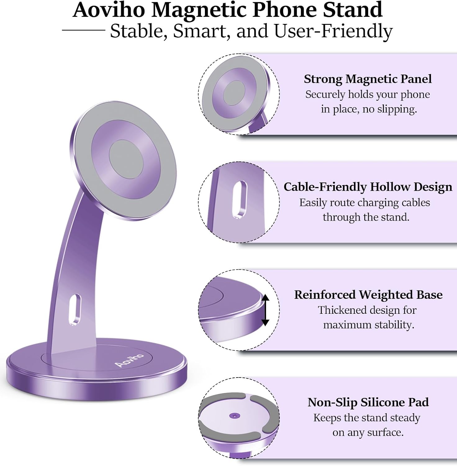 Magnetic Phone Stand for Desk – 360° Rotating Aluminum Phone Holder, Stable Desk Stand for Office, Home & Kitchen, Compatible with iPhone 17 Pro Max 16–12 Series and MagSafe Cases, Purple - Image 5