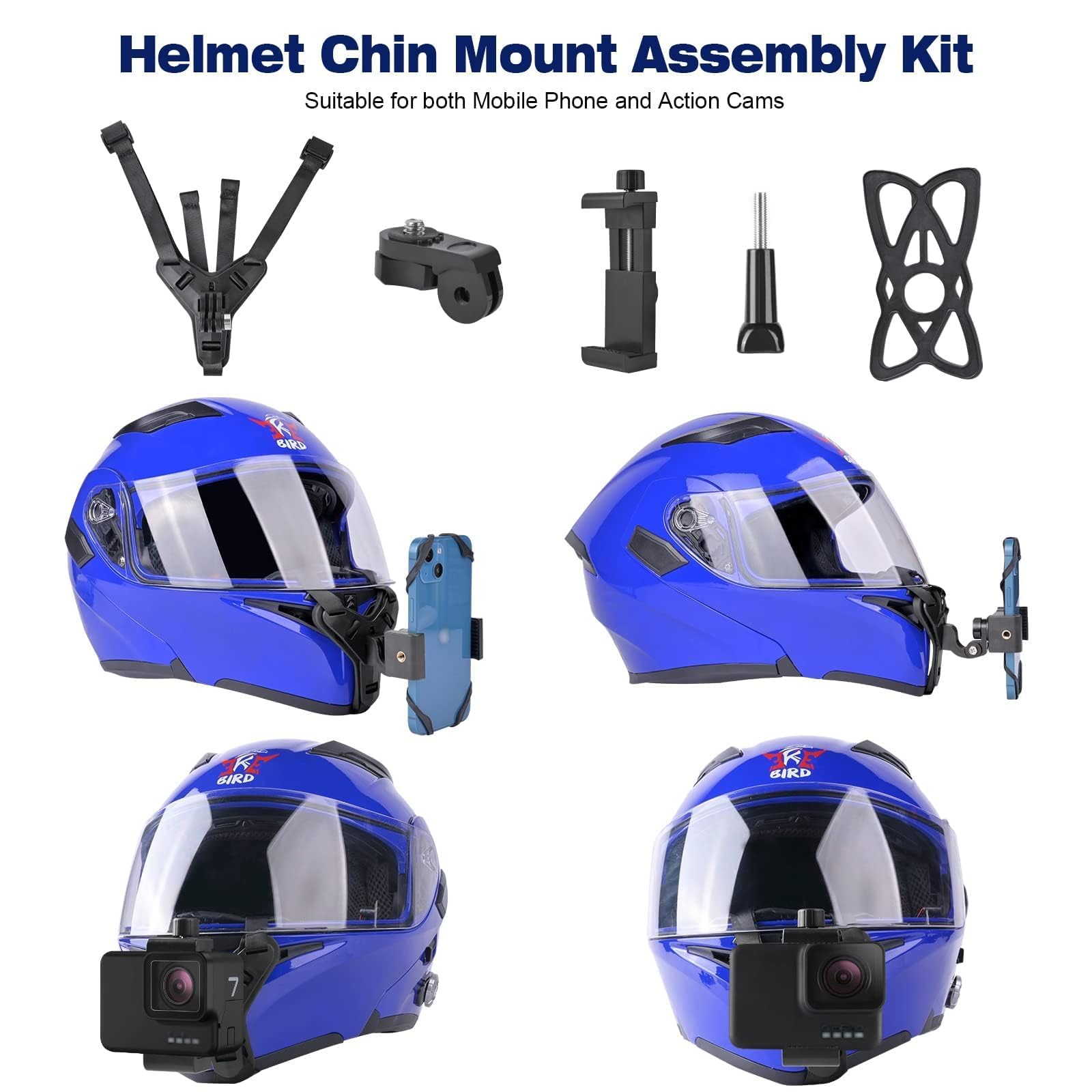 Kit de montaje de correa de barbilla para casco de motocicleta, compatible con todos los Gopro Heros, SJCAM, GeekPro, 4K, Xiaomi Yi, Insta360 y también soportes para teléfonos móviles