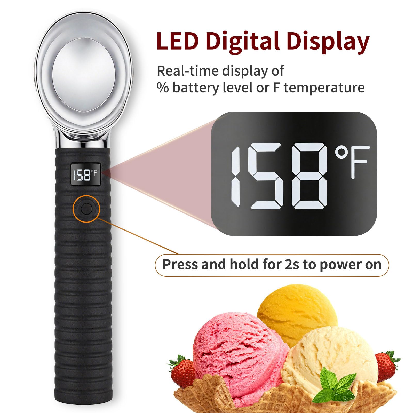 Cuillère à glace électrique avec fonction de réchauffement rapide et panneau LCD pour faire fondre facilement les bonbons réfrigérés Cuillère à crème glacée de qualité alimentaire