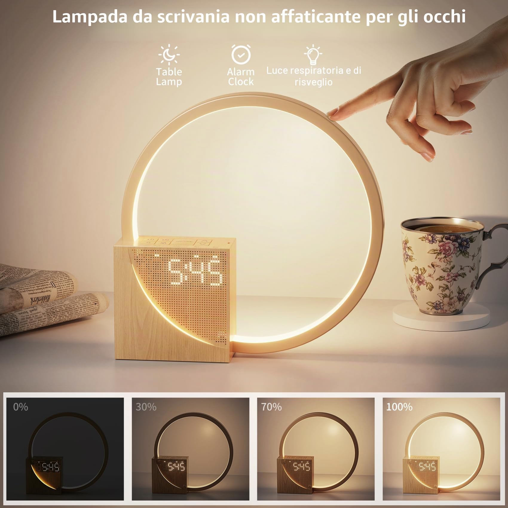 Lampada Da Comodino a LED con Sveglia, Porte di Ricarica USB, Touch Dimmerabile, Wake Up Light con Due Allarmi, 10 Suoni Naturali per Adulti e Bambini, 3 livelli di Luminosità per Camera da letto