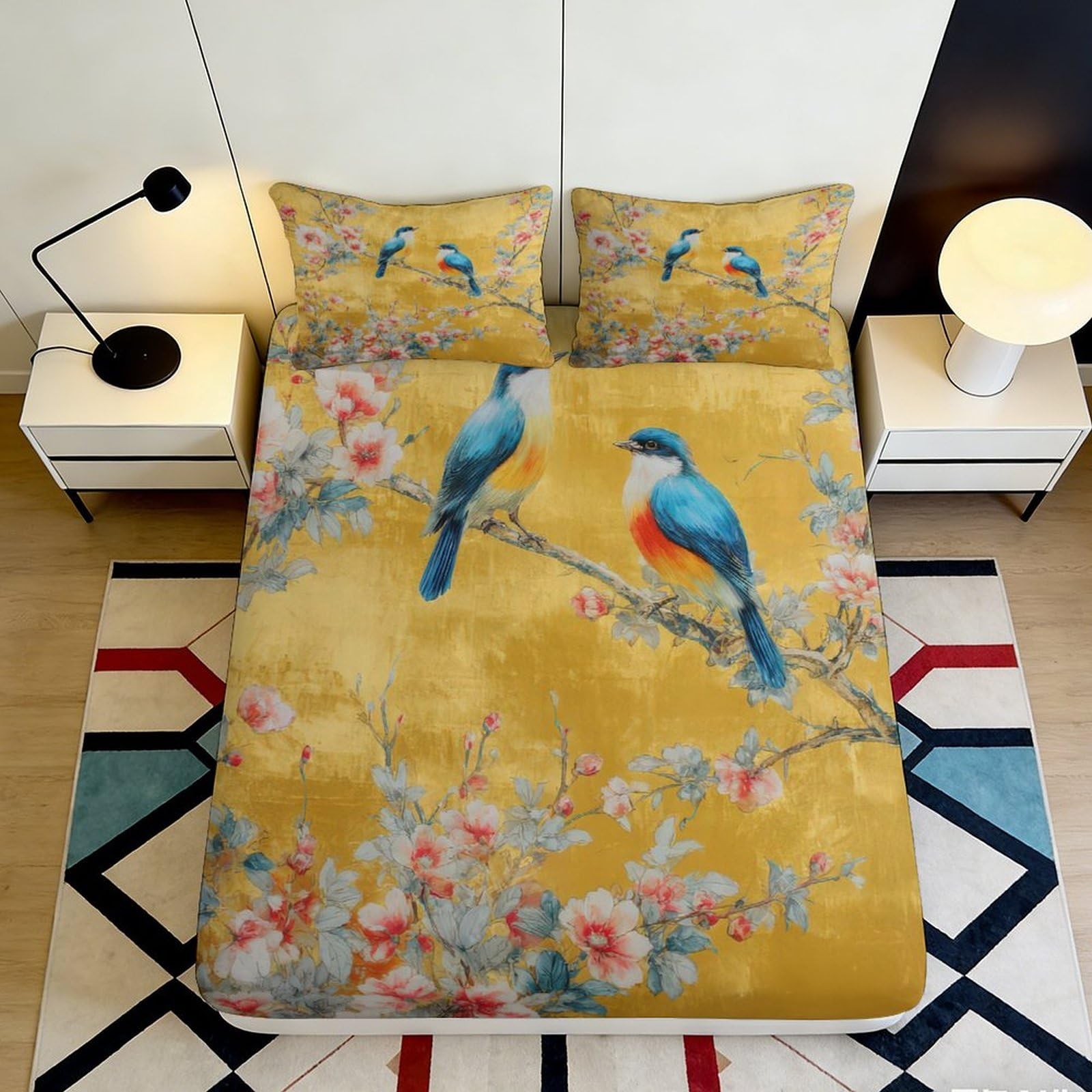 Uxinyoume Style-2 3D Printed Blue Bird Blossom Fitted Sheet Microfiber Soft Yellow Floral Bed Sheet Bedroom Decor Mattress Cover 90X200x25cm