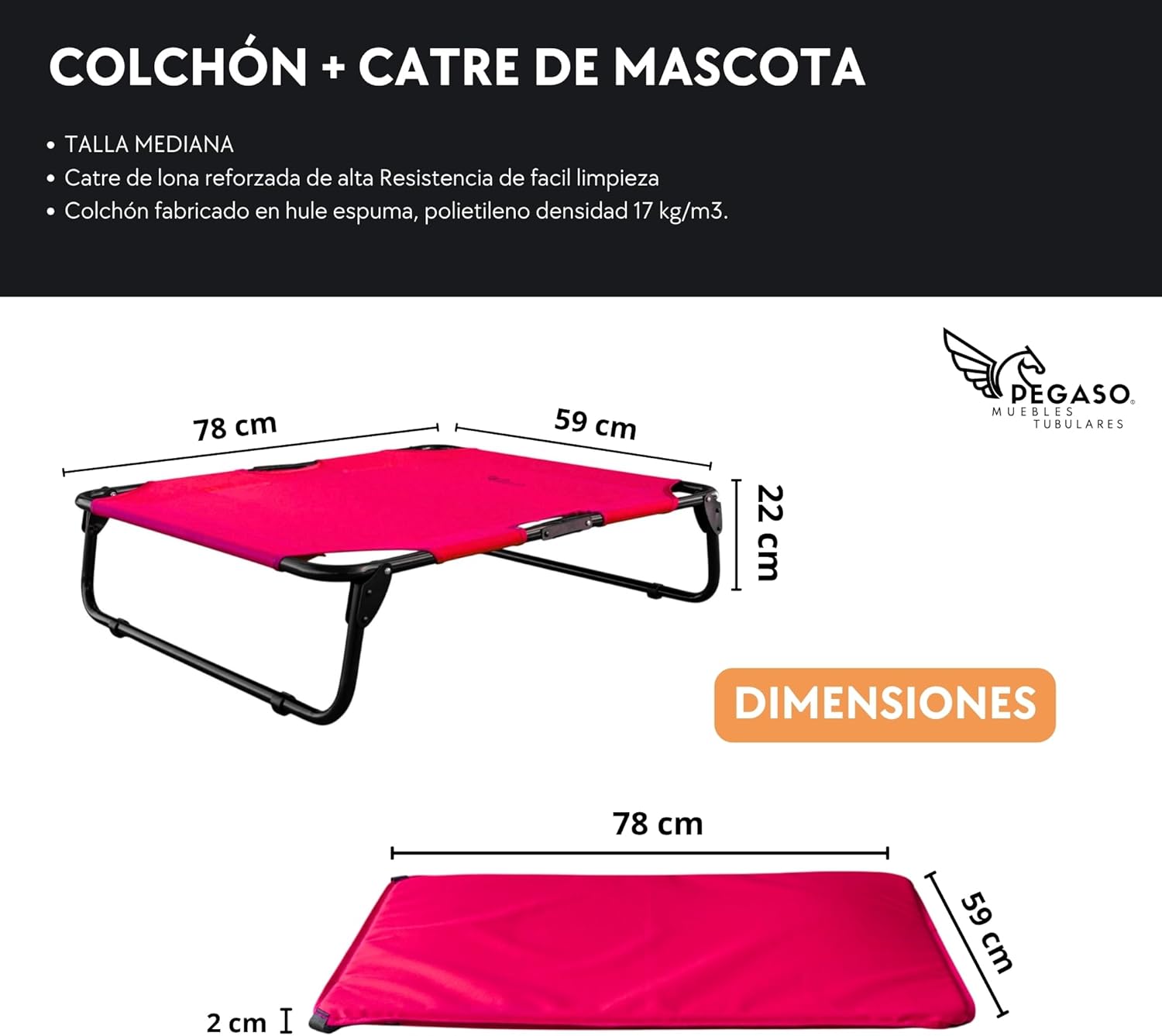 PEGASO Medium Dog Bed/Cot + Mat Kit, 78 x 59 x 18 cm (Mod Kit KM-MD) (Pink)