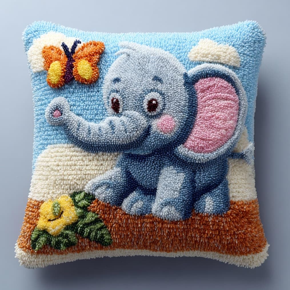 DIY Latch Hook Pillow Kits for Adults,The Elephant and the Butterfly