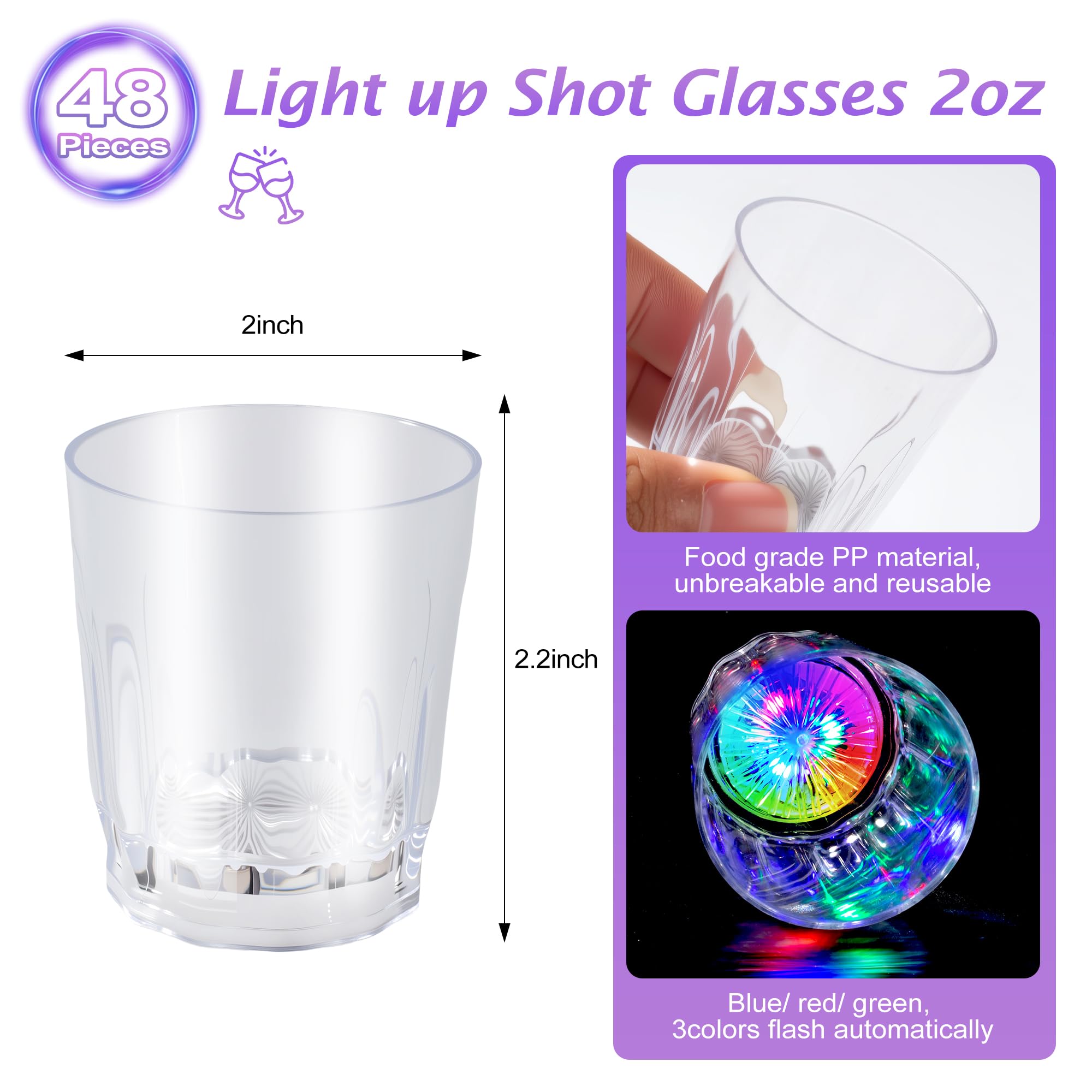 Lot de 48 verres à shot lumineux à DEL pour adultes - Verres à shot phosphorescents pour fête d'anniversaire, Noël, Halloween, bar, Pâques