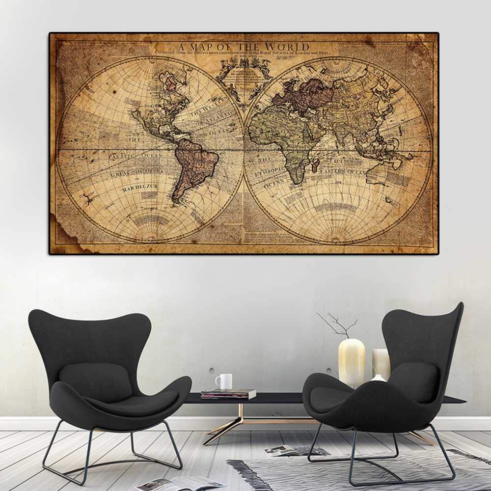 GLWDMH Wydruk na płótnie zdjęcia vintage mapa świata obraz ścienny nordycki plakat obraz do salonu - oprawiony, 1 sztuka