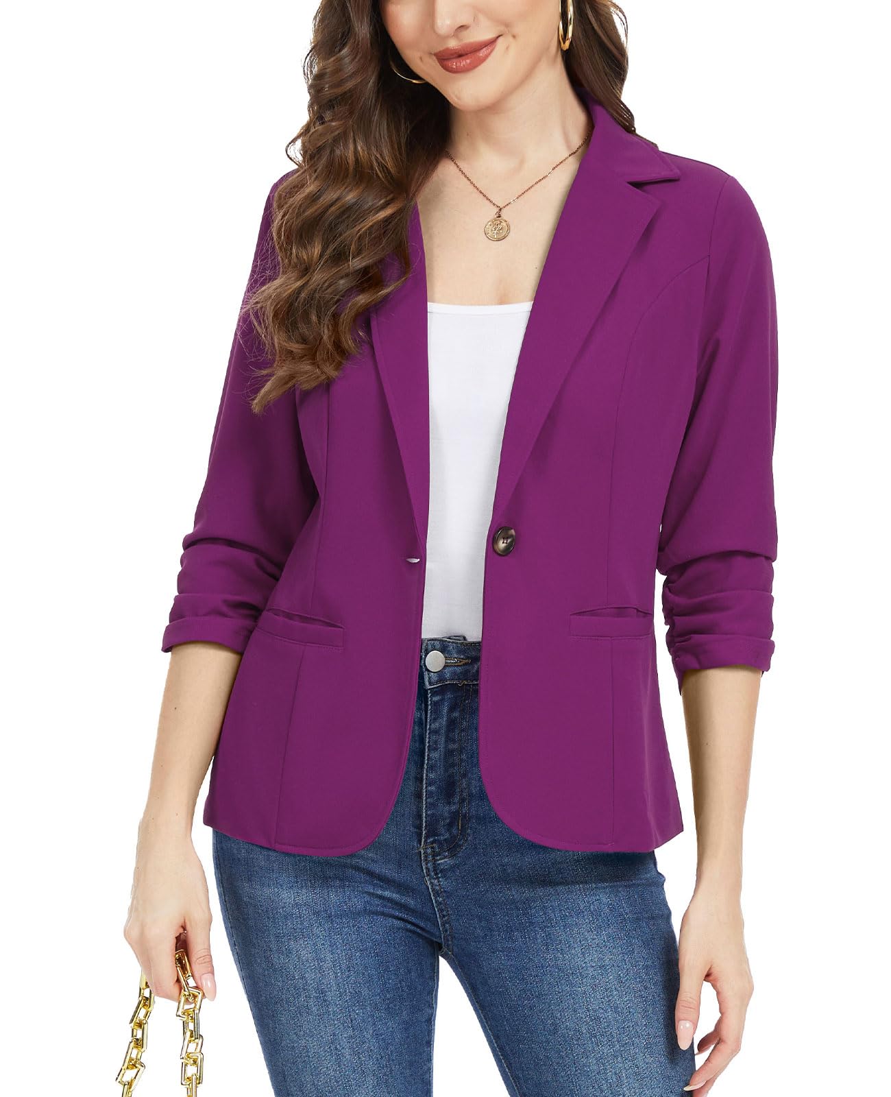 Womens Casual Work Office Blazer Open Front Business 3 4 Sleeve Button Blazer Lightweight Suit Jacket