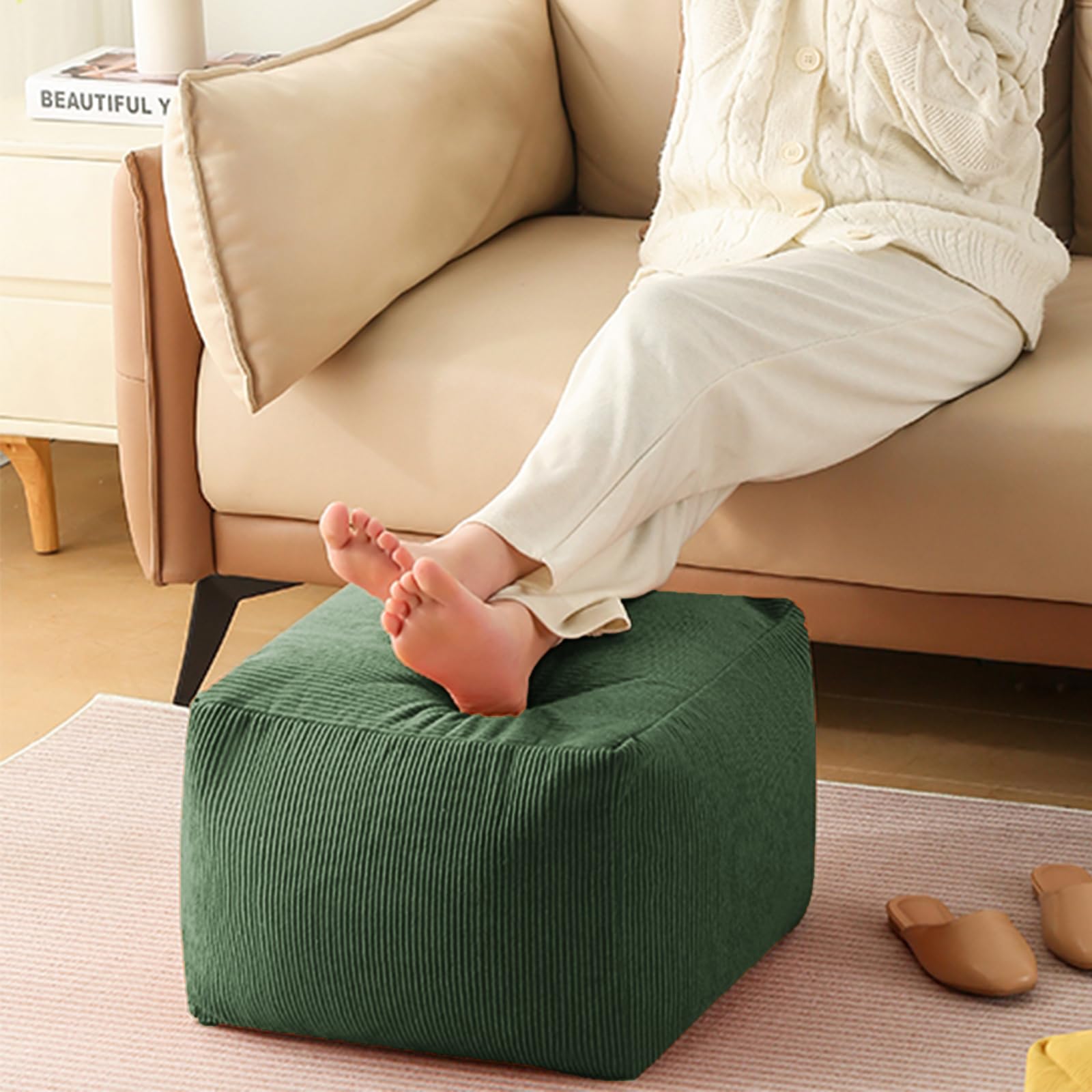 Pouf ottomano non imbottito Velluto a coste Puff Poggiapiedi quadrato Con maniglia per soggiorno, camera da letto (Verde,40-40-30cm)