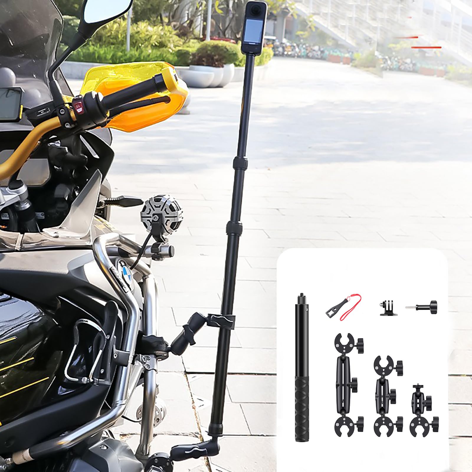 NEWFUN Support Camera, Kit Moto pour insta360 x5,X4,X3,Rotation à 360 degrés, Double Pince, Double Stabilité, Support Moto, Compatible avec Plusieurs Appareils