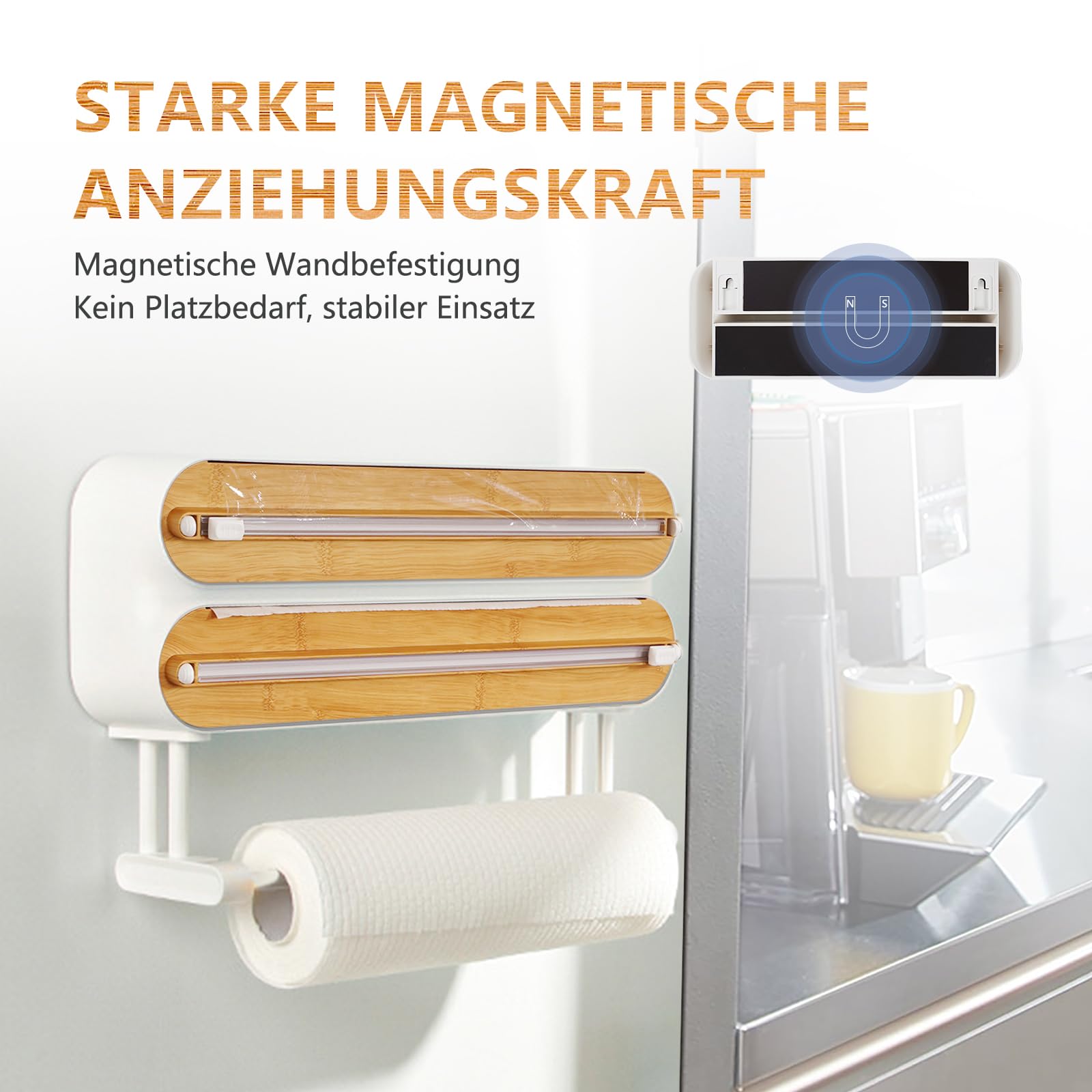 Motif Bambou Derouleur Film Alimentaire, Magnétique Distributeur Papier Aluminium et Film, Distributeur Film Alimentaire avec Un Couteau Bien Aiguisé, Derouleur Essuie Tout Murale pour Cuisine