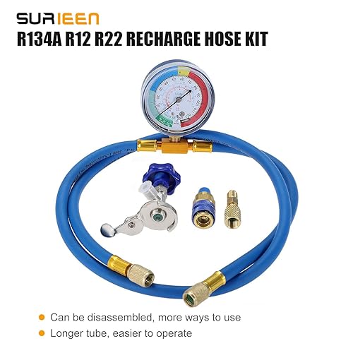Miniatura 7 de R134A manguera de carga AC puede golpear con manómetro, kit de manguera de recarga de refrigerantefreón 14 "puerto SAE para el hogar y el aire