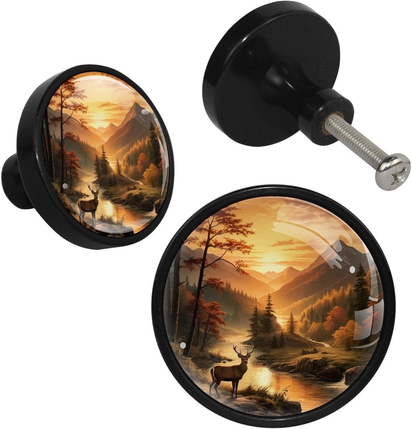 4 PCS Art Mountain Deer Cabinet Knobs, Bathroom Drawer Pulls Handles, Round Dresser Knobs Door Knobs for Kitchen Cupboard Nursery Wardrobes