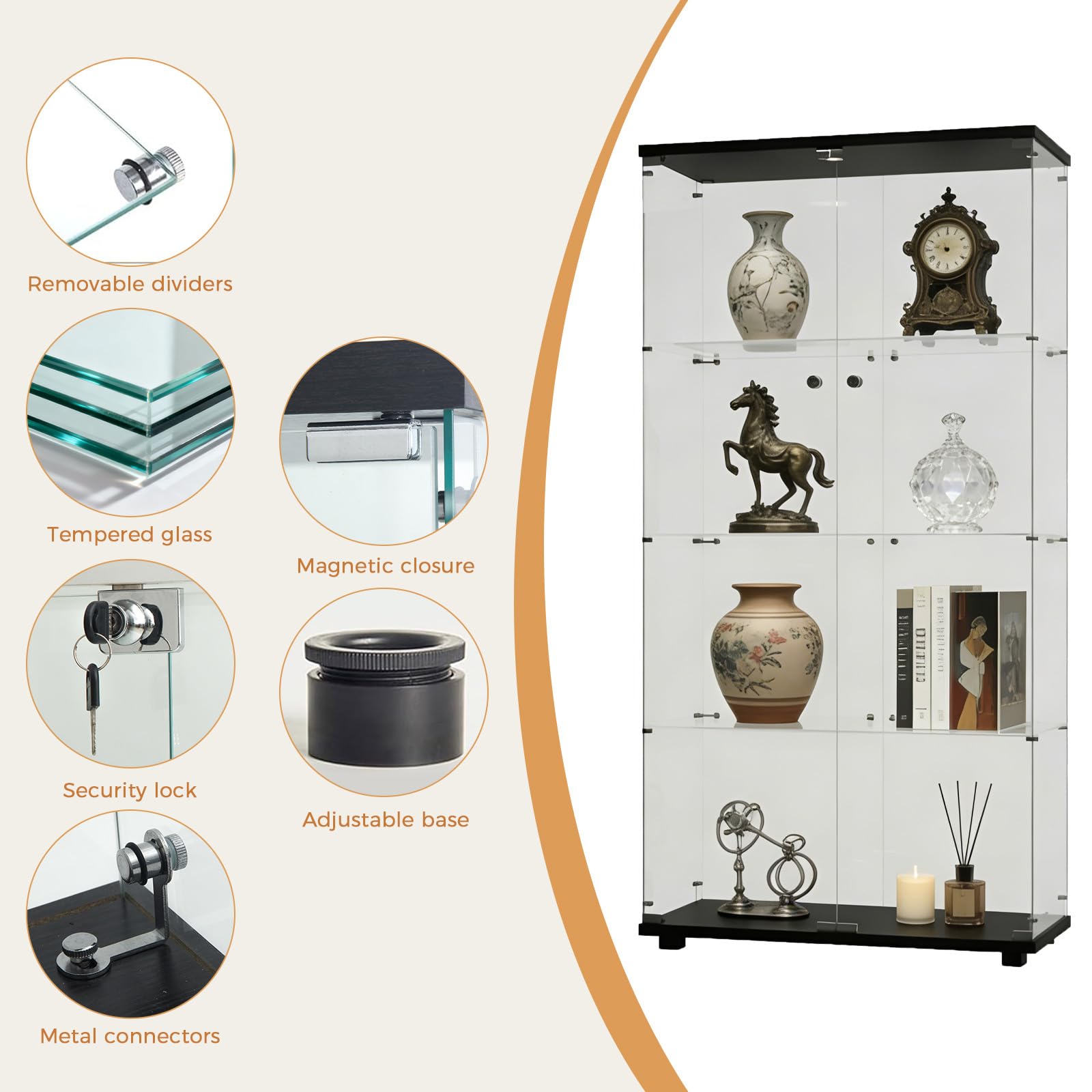 Vitrina de Cristal de 2 Puerta, 4 Niveles con Cerradura, Armario de Almacenamiento con Espejo, para coleccionables, Juguetes (B1-Negro-sin luz)