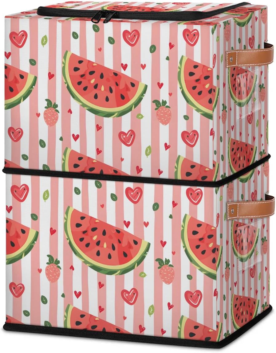Cute Watermelon Fruit Collapsible Stackable Storage Bins with Lids Fabric Closet Organizer for Clothes, Toys, Blankets and Home Storage