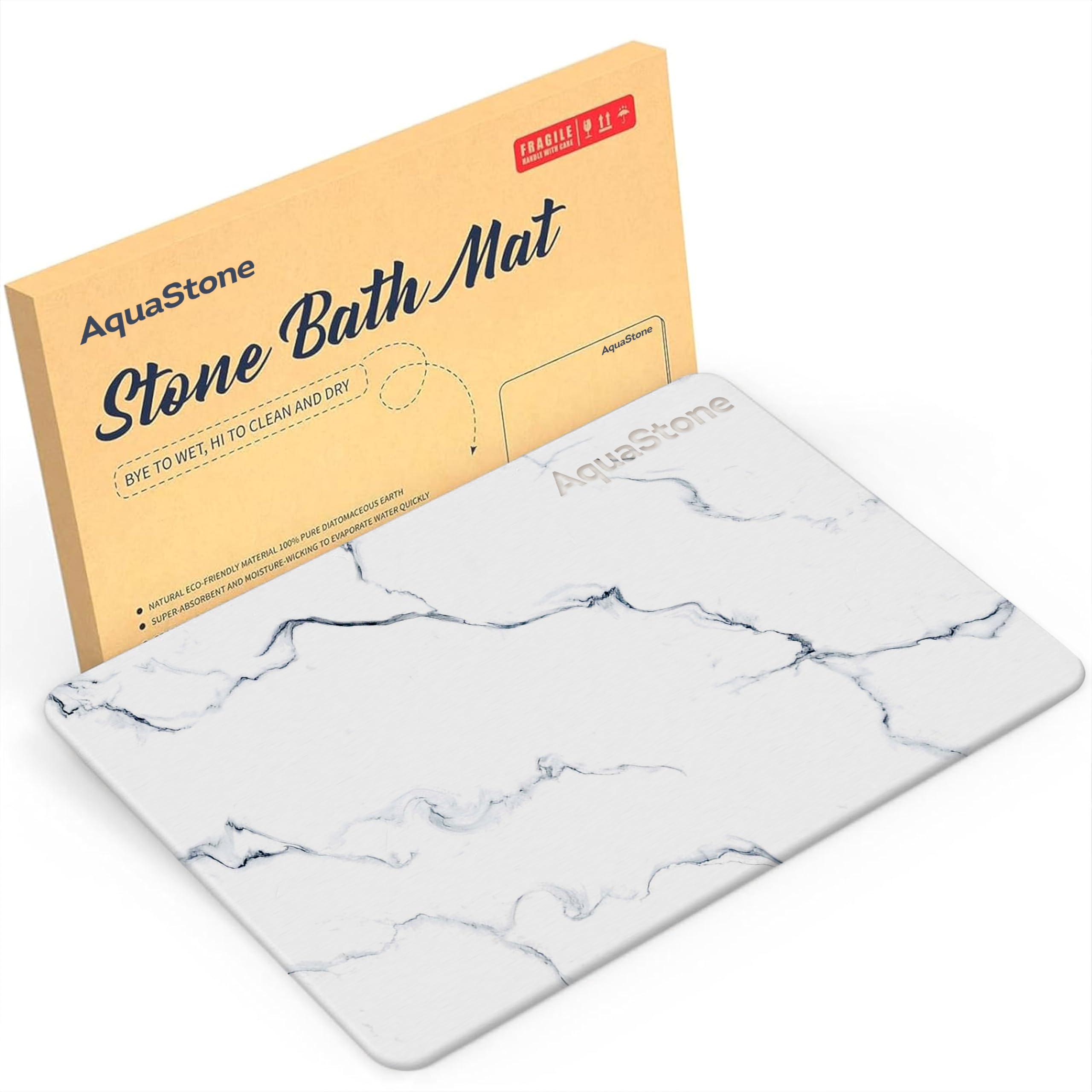 AQUASTONE Stone Bath Mat - Non-Slip Super Absorbent Diatomaceous Earth Shower Mat - Fast-Drying Mat for Kitchen Counter, Tub & Bathroom Floor - White 60cm x 40cm White 006”