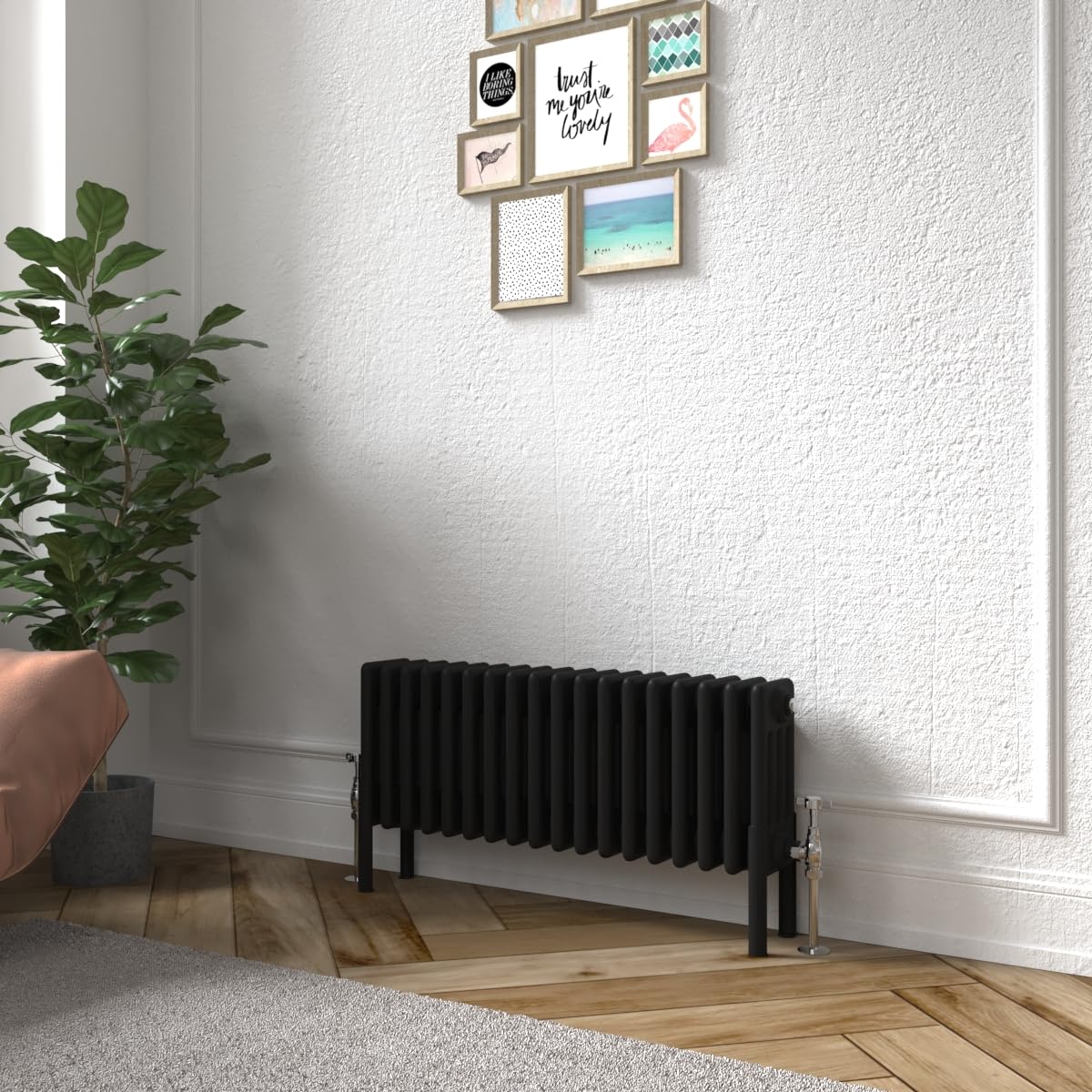 Warmehaus Black Traditional Cast Iron Style Quadruple Column Horizontal Radiator 300X830mm - Perfect For Bathrooms, Kitchen, Living Room