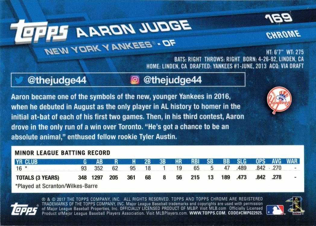 2017 Topps Chrome Baseball #169 Aaron Judge Rookie Card