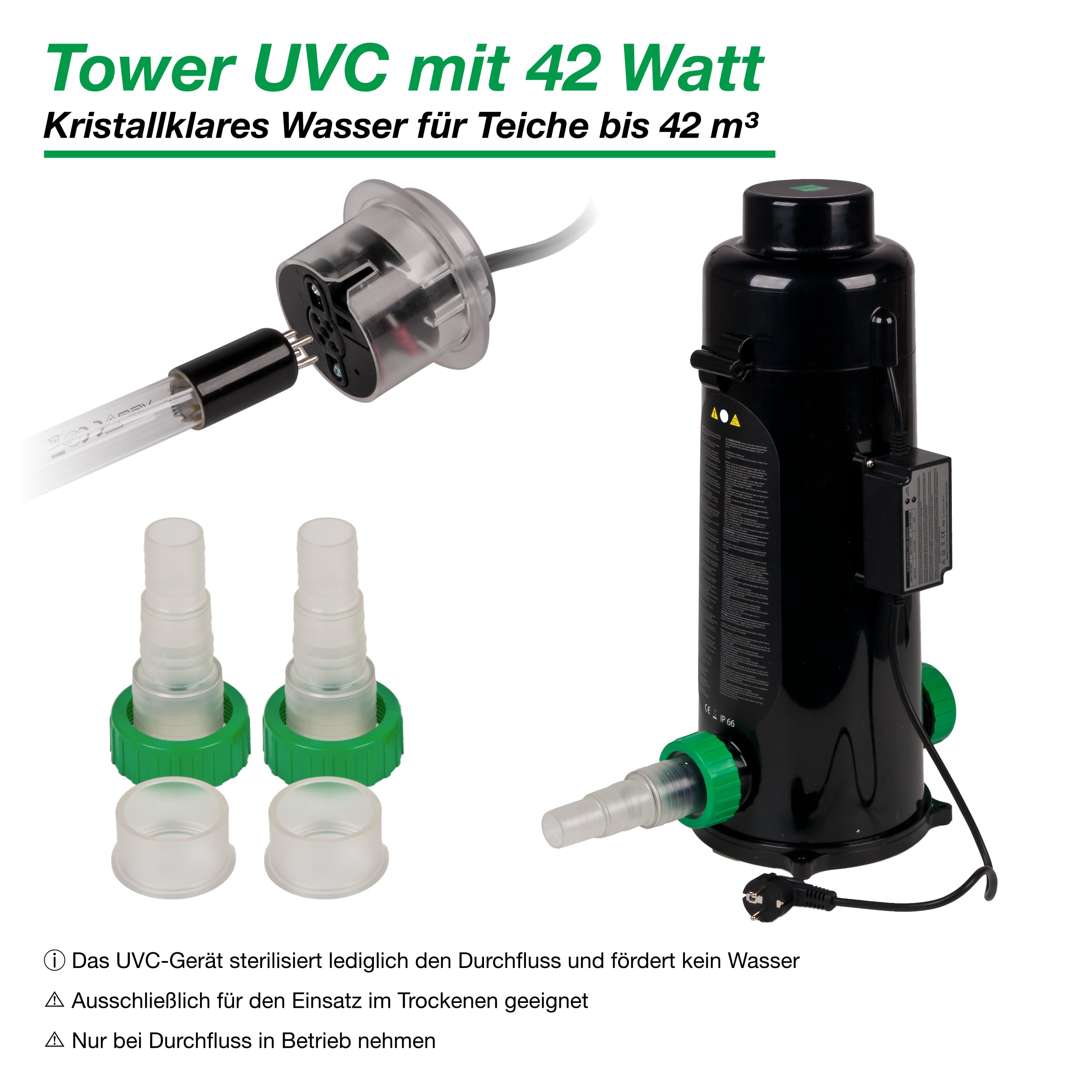 Wagner Green Tower UV-C 42 Watt Teichklärer | Wasserklärer ohne Chemie | UVC Lampe Algenvernichter | Desinfektion für klares Wasser im Teich bis 42.000 L