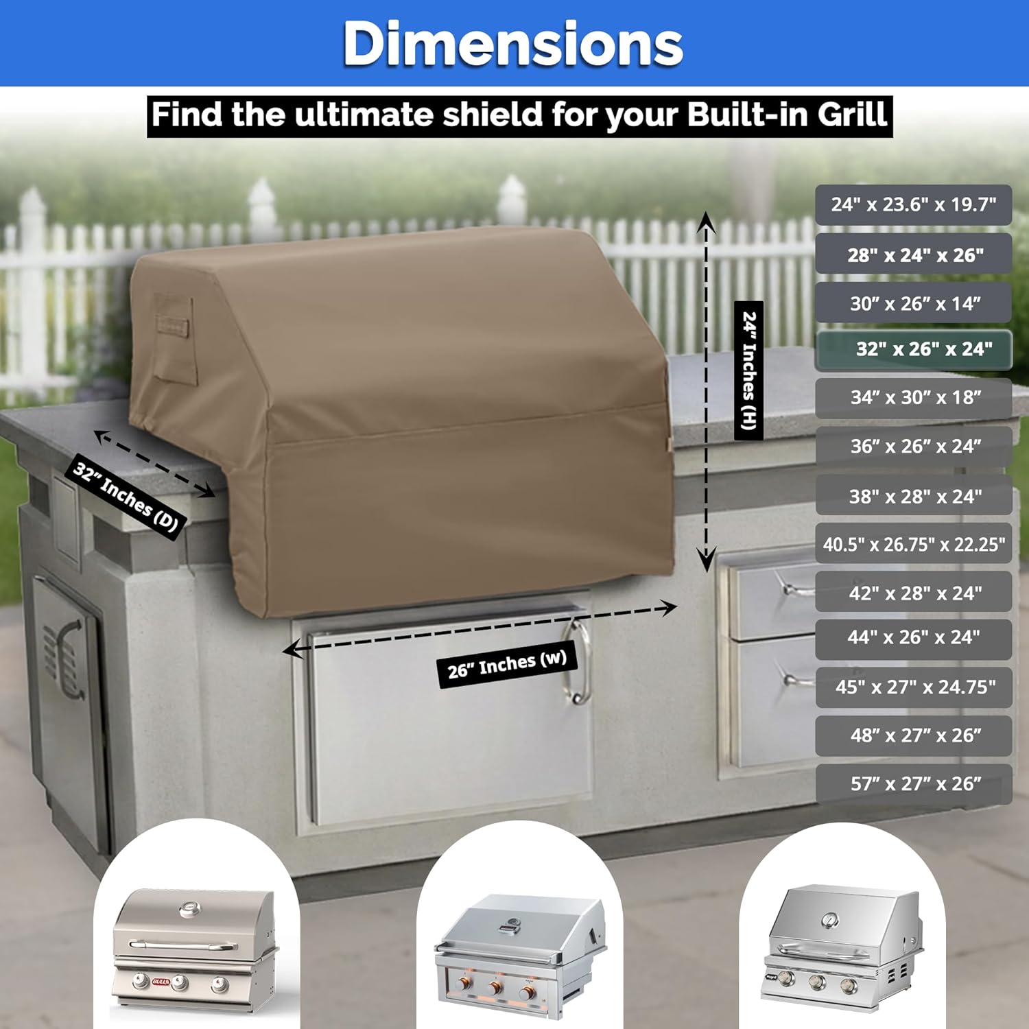 Covers & All Built-in Grill Cover for Outdoor Grill – Heavy Duty 12 oz Waterproof Built-in BBQ Grill Cover, PVC-Coated Polyester with Elastic Hem for Snug Fit (32 x 26 x 24 inches, Beige)