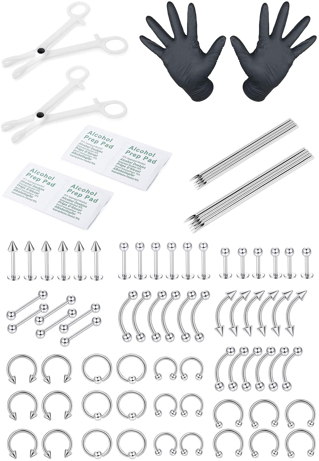LOLIAS 84PCS Kit de Perforación Profesional de Acero Inoxidable 14G 16G Anillos de Ombligo Piercing de Cartílago Helix Daith Septum Hoop Piercing Kit Tongue Tragus Pezón Labio Piercing Body Jewerly