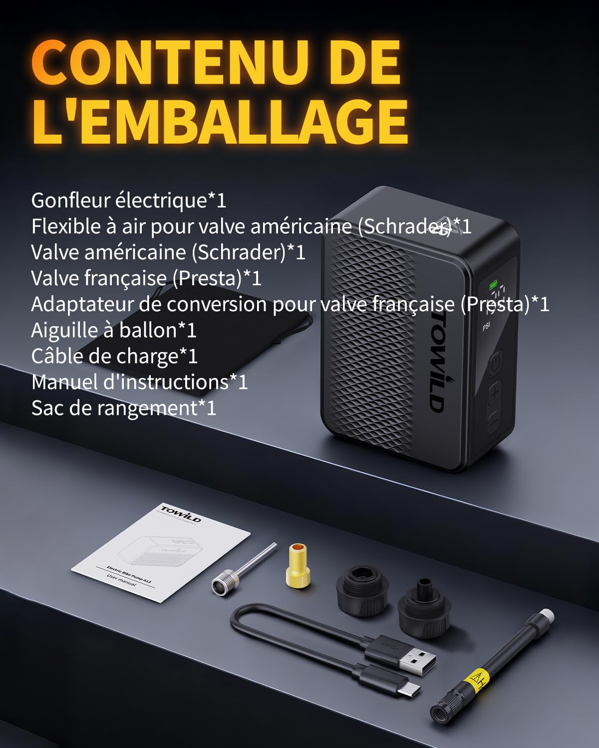 TOWILD A13 Pompe À Vélo Électrique Portatifs, Max 130 PSI Mini Compresseur d'air à Arrêt Automatique avec Valves Presta et Schrader pour Vélos de Route VTT Ville Route E-Bike Rechargeable Type-C