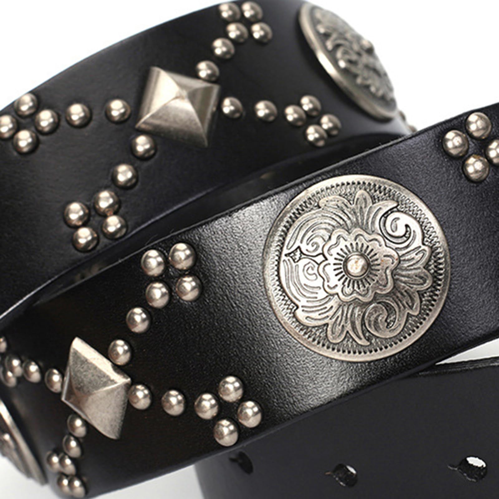 Ceinture en Cuir à Rivets Neutres Style Tendance Clouté Boucle à Griffes Réglable Style Punk Rock(115cm/waist:39", A)