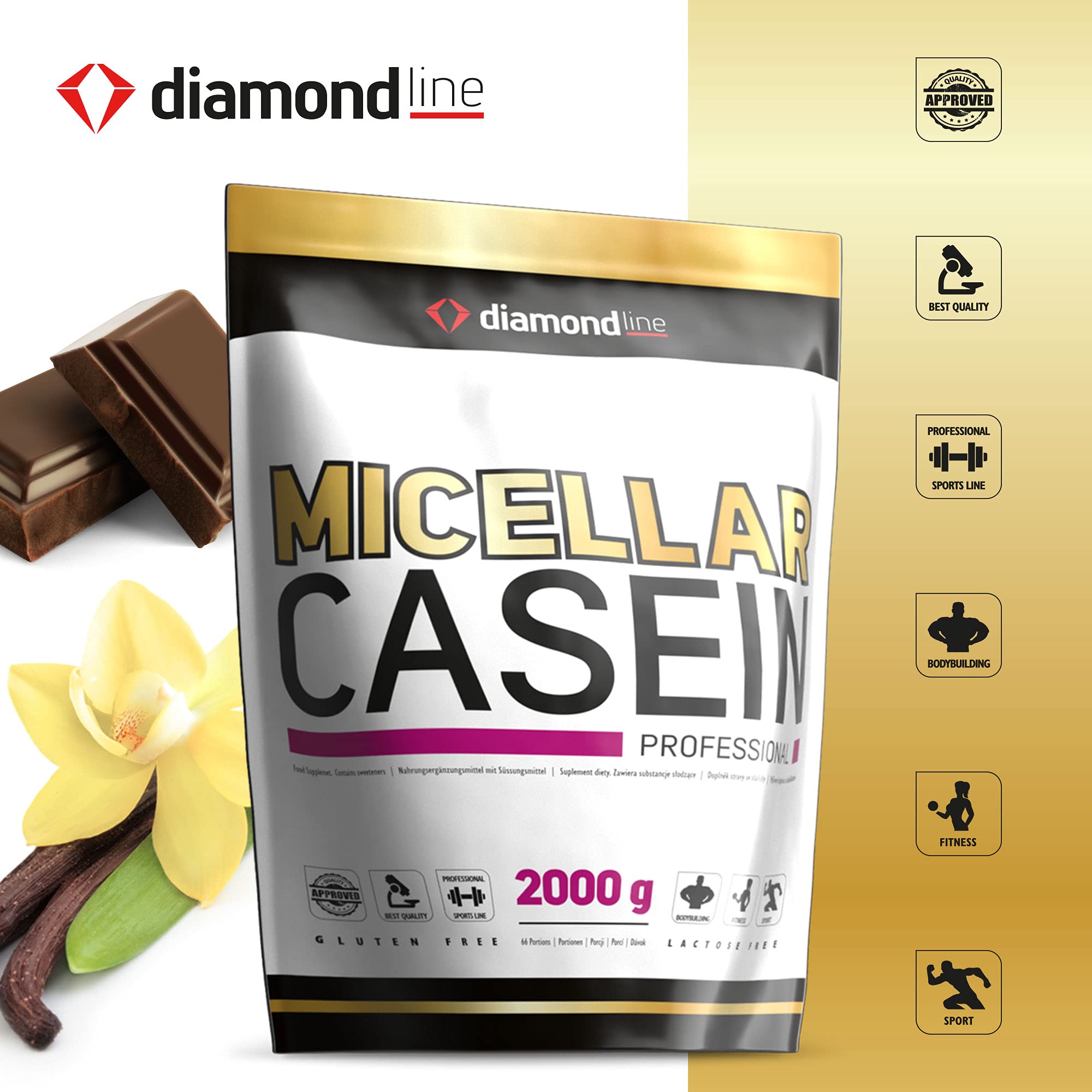 Micellar Casein Proteinpulver 900g Vanille - Cremiger Eiweißshake & Casein Pulver - Langsam verdaulich für Muskelaufbau, Diät & Regeneration - diamond line