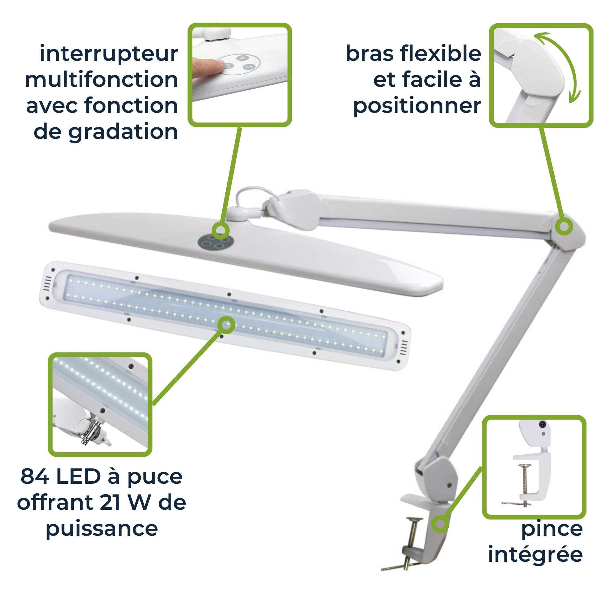 Velleman lampe de bureau LED avec pince, bras articulé, interrupteur marche/arrêt, fonction variateur, 84 LED, 58 cm largeur, 21 W, 6500 K, 2000 lumens, haut CRI, design moderne, blanc