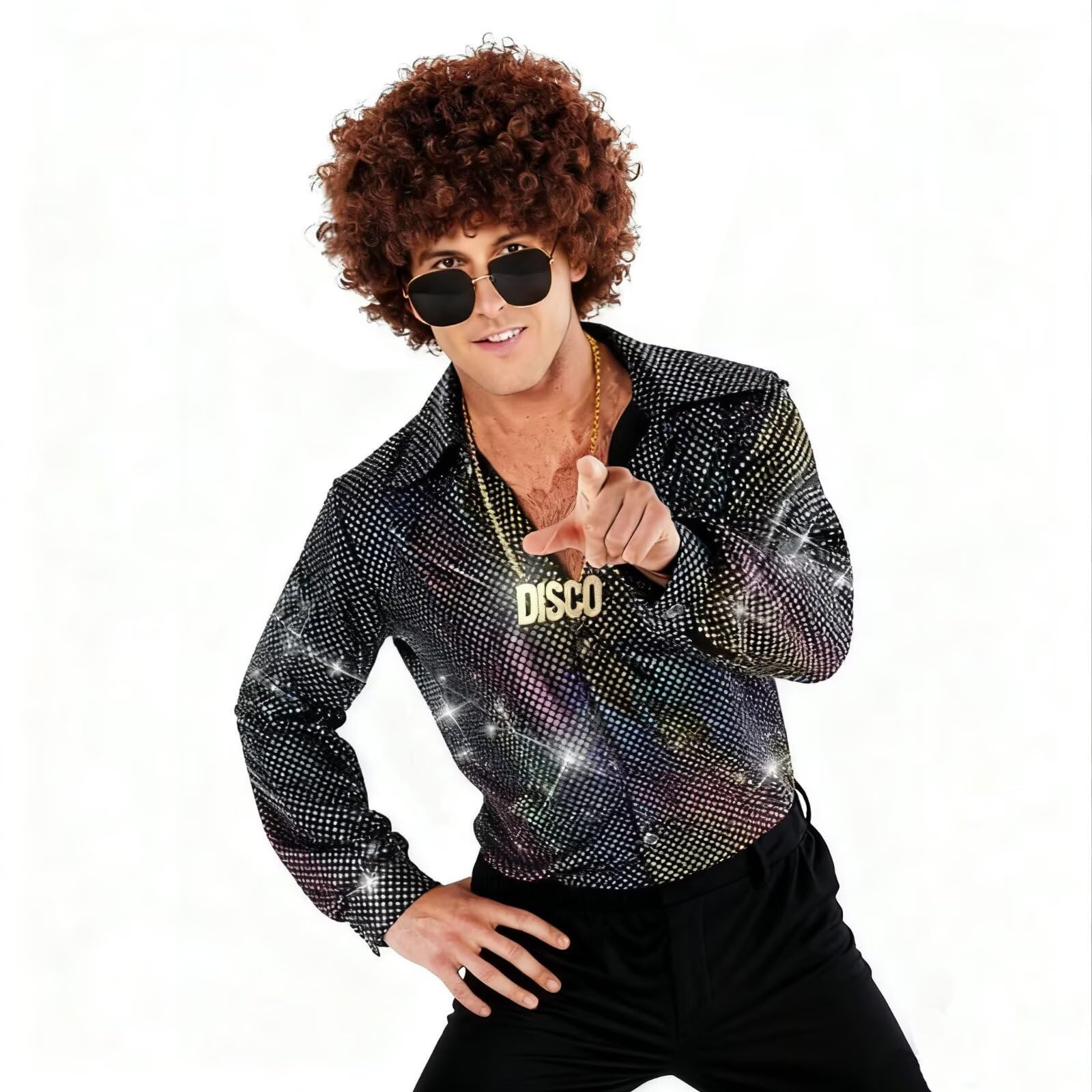 Shuanghao 1970s Disco Shiny Shirt Men Halloween Costumes Hippie Glitter Outfit Fancy Dress for Adult Party Gift Festival Wear Rockstar Carnival Costume UK Men - Image 3