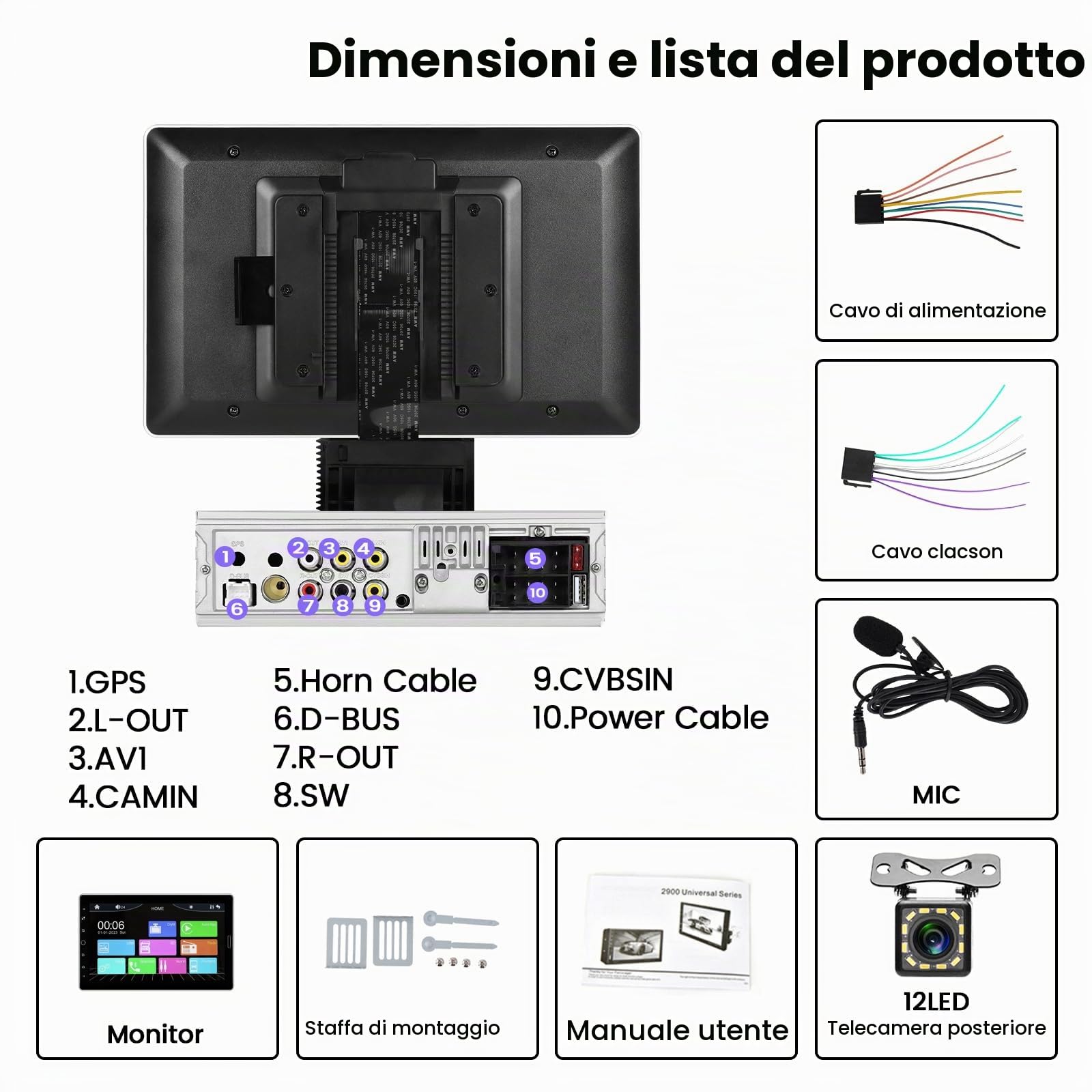 Hikity 10,1" IPS Schermo 1 Din Autoradio con CarPlay Android Auto Wired | Schermo Touch Radio con Bluetooth Vivavoce Rimovibile Mirror Link FM/RDS USB SD AUX + Telecamera di Retromarcia