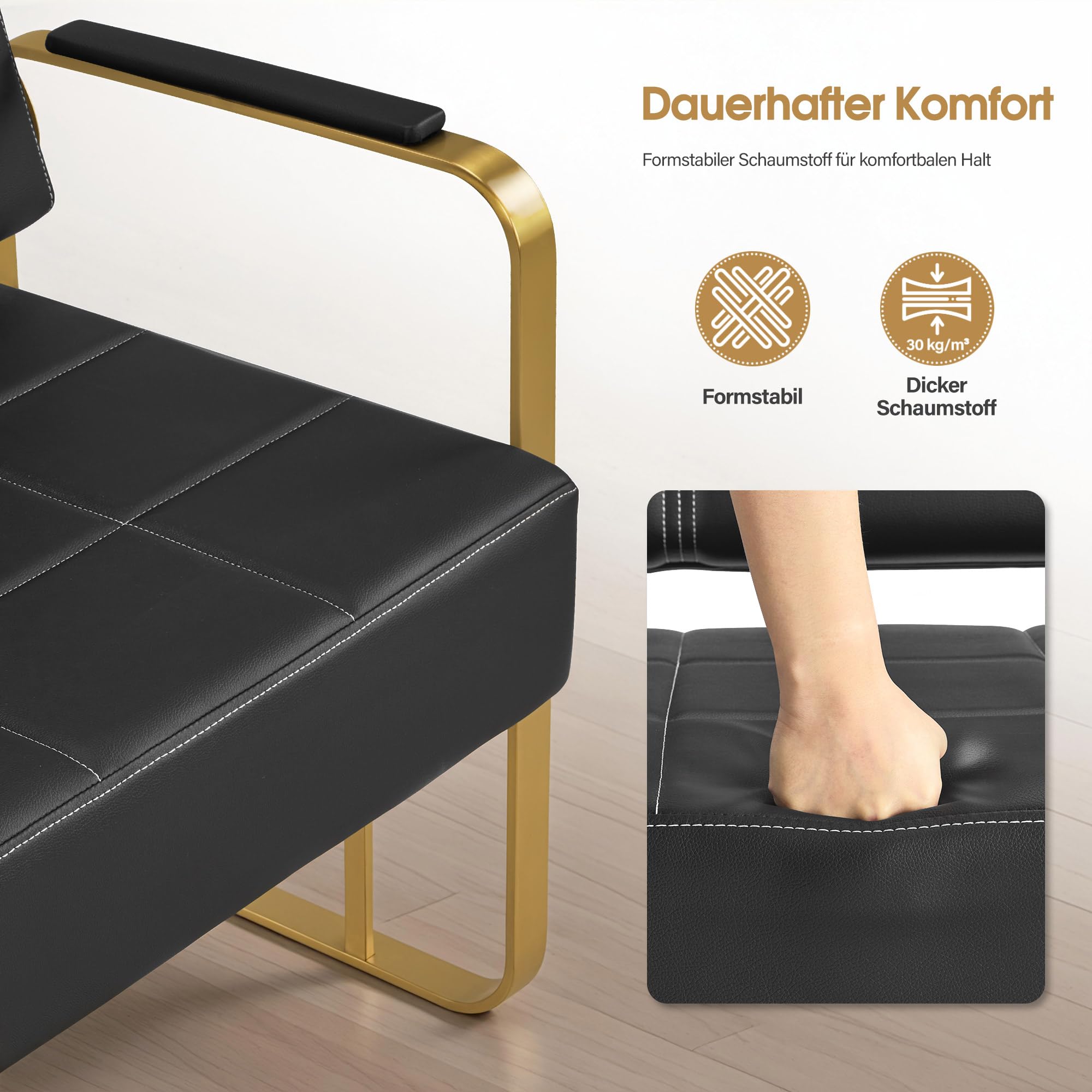 Barberpub 3-Sitzer Sitzbank mit Goldenen Armlehnen, Polsterbank mit Rückenlehne, Sitzbreite 144cm, Wartebank Friseur, Wohnzimmerbank, Friseureinrichtung W528 (Schwarz-Gold/Kunstleder)