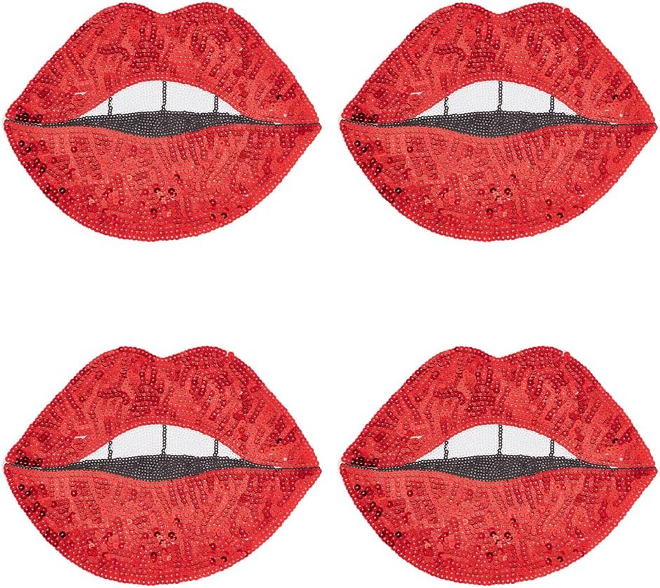 INFUNLY 4PCS Large Red Lips Iron On Patches Red Lips Sequin Fabric Patches Sew on Red Sequins Lip Patch for Clothing Jackets Shirts Pillows Jeans Bags Decor DIY Ironing and Sewing Apparel Accessories