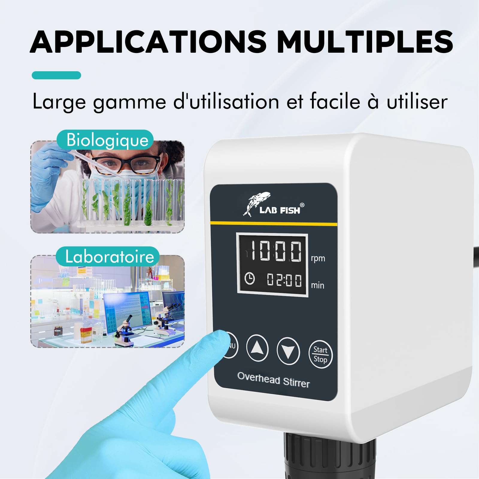 LAB FISH OS-5S Agitateur Aérien Overhead Stirrer, Mélangeur Laboratoire 36W avec Pale et Support Acier Inox, Vitesse Ajustable 100-1200 tr/min, Minuterie 1min-24h, pour 10L & 10000 mPas Max